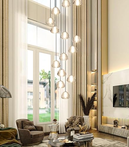 Miniatura 9 de Moderno candelabro de cristal para escalera de 118 pulgadas de largo, iluminación LED negra para vestíbulo, lámpara de techo ajustable para sala de