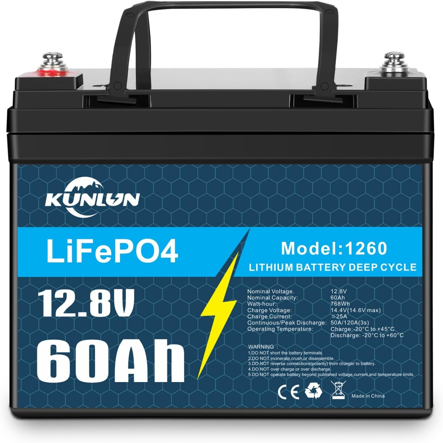 KUNLUN 60Ah 12V LiFePO4 Battery for Marine, Boat, Trolling Motors, Yacht, RV, Solar Off-Grid, Built-in 50A BMS Low-Temp Protection 12 Volt Deep Cycle Lithium Iron Battery with Mini Size