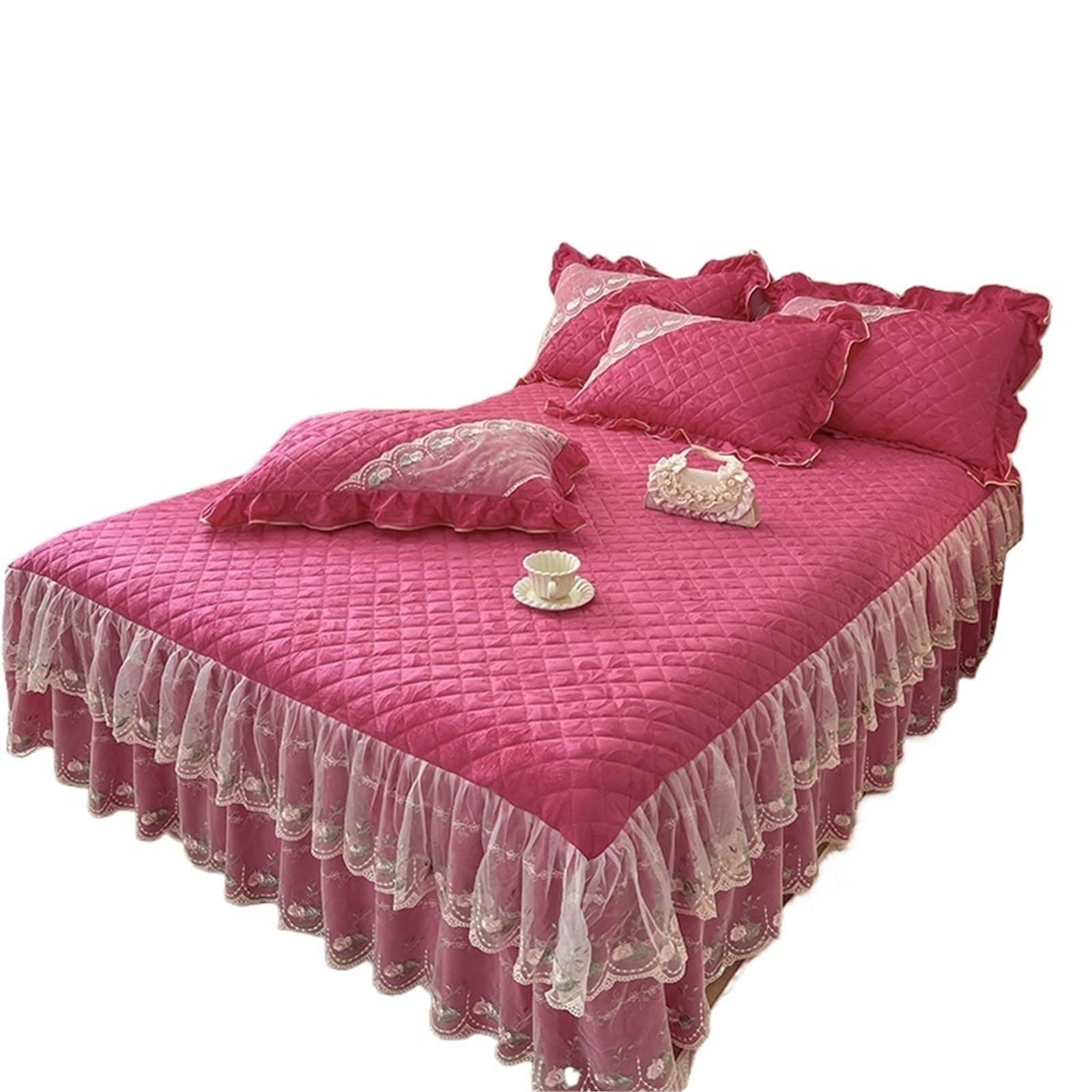 Ruffled Bed Skirt Gold Yellow, Beige, Pink, Jacquard Velvet Lace Ruffles Bedspread, Quilted Embroidery Bed Skirt, Mattress Cover(Rose Red,180X200cm 3pcs)