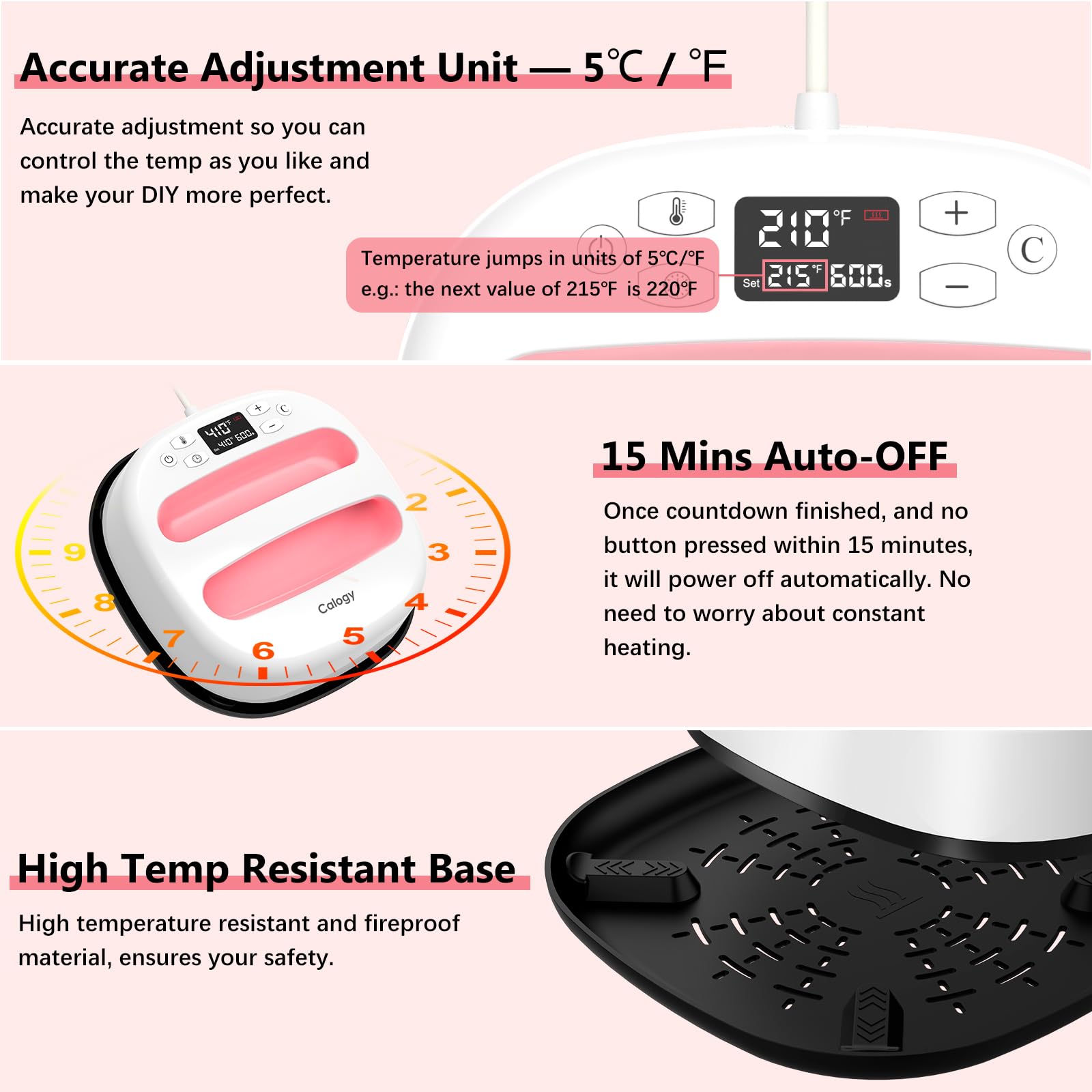 Calogy Heat Press Machine for T-Shirts 10"X10", Portable Heat Press Fast Up to 410℉(210 ºC), Precise Temp Control, 15 Mins Auto Off for Bag, Pillows, Sublimation Vinly Transfer (White Pink-10 * 10IN)