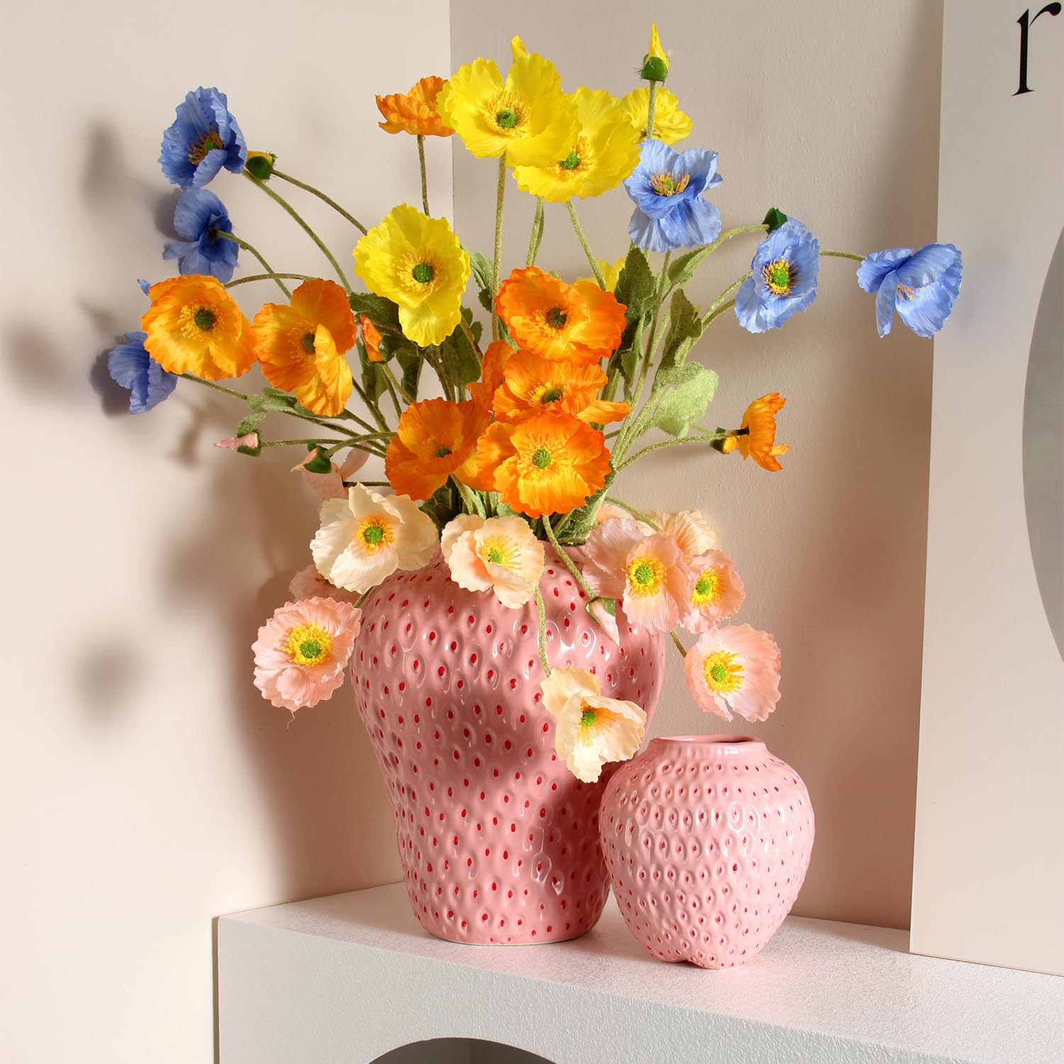Vase à Fleurs en céramique à Motif de Fraise, Vase décoratif géant pour Arrangement Floral, Unique pour décoration de Maison, Cuisine, Bureau, Centre de Table, Grande Taille, Rose