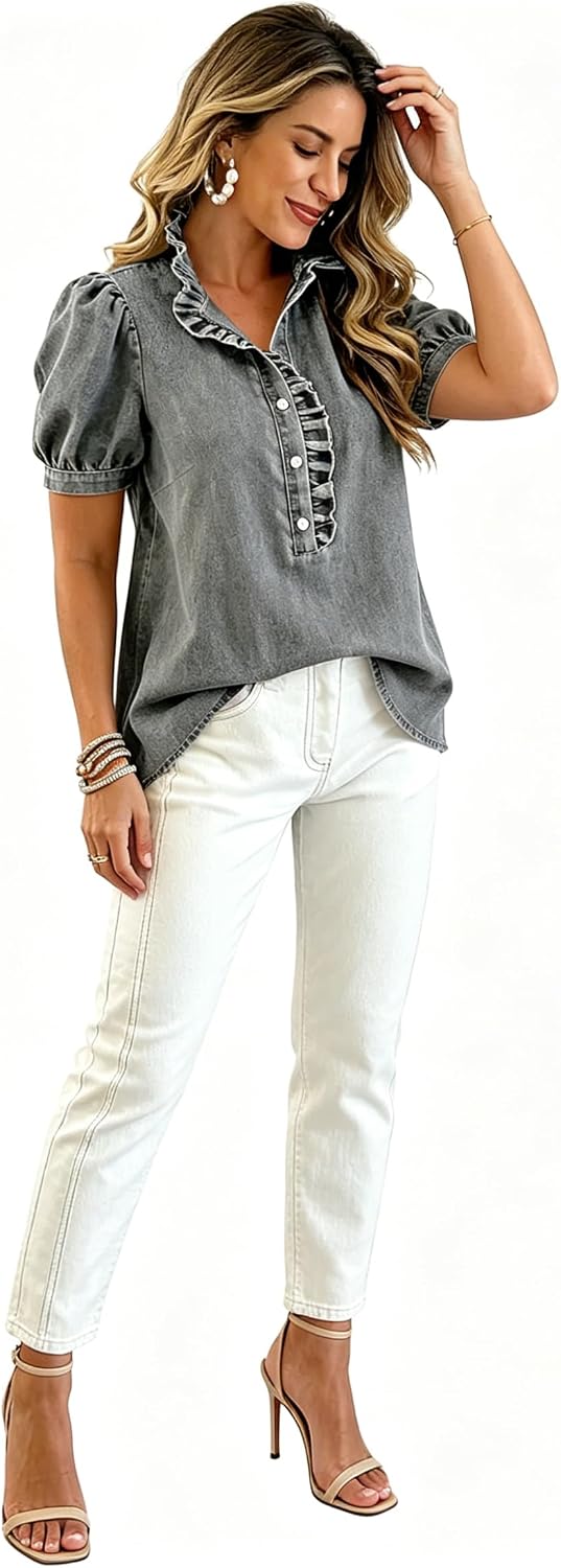 utcoco Denim Shirt Women Y2k Ruffle Denim Top Button Down Jean Shirt 2026 Summer Puff Short Sleeve Blouse