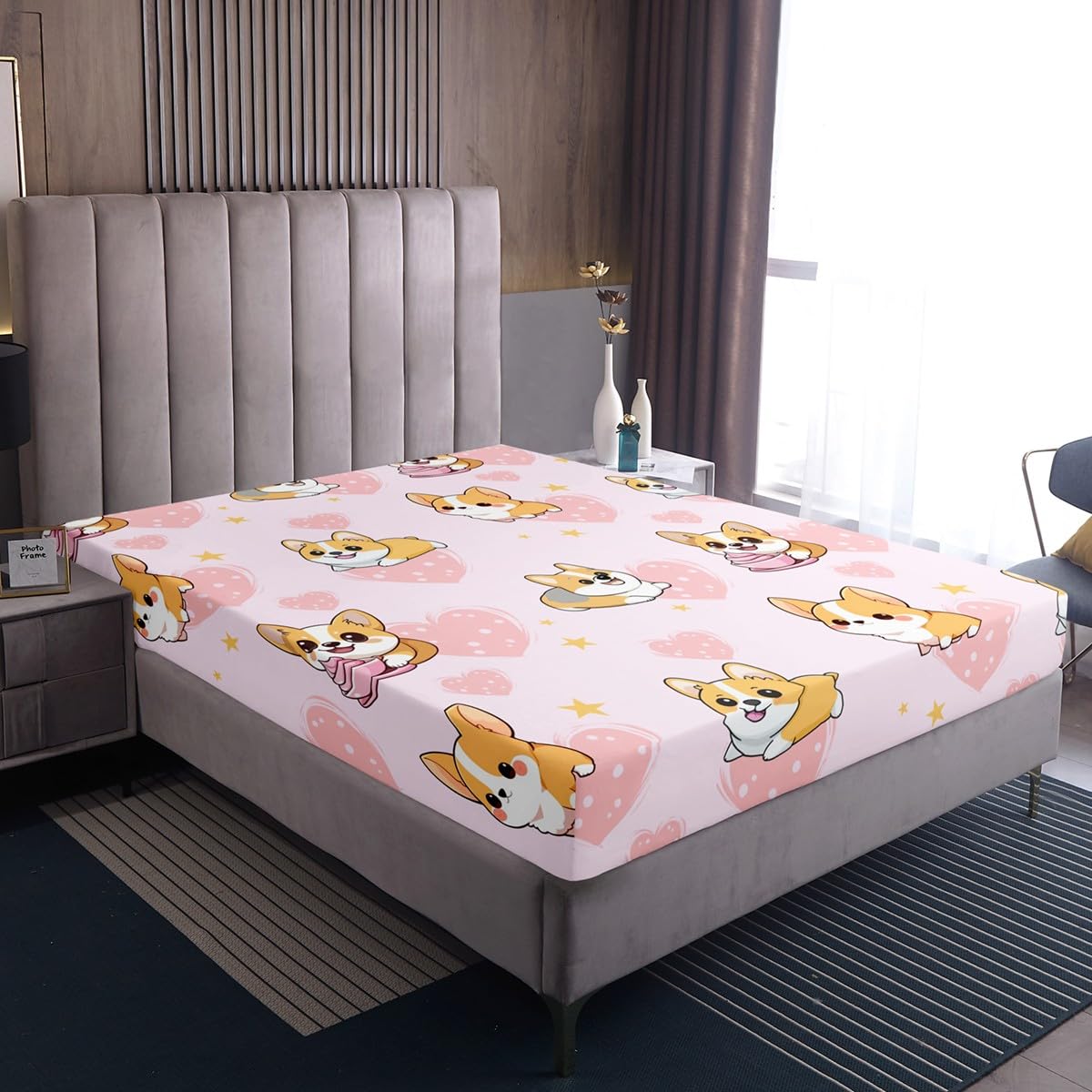 Homewish Niedliches Corgi Hunde Spannbettlaken 90x200 für Kinder Mädchen Jungen Teenager,Cartoon Welpen Bettlaken Pentagramm Herzmotiv Haustier Hunde Tier Spannbetttuch Kawaii Schlafzimmer Dekor