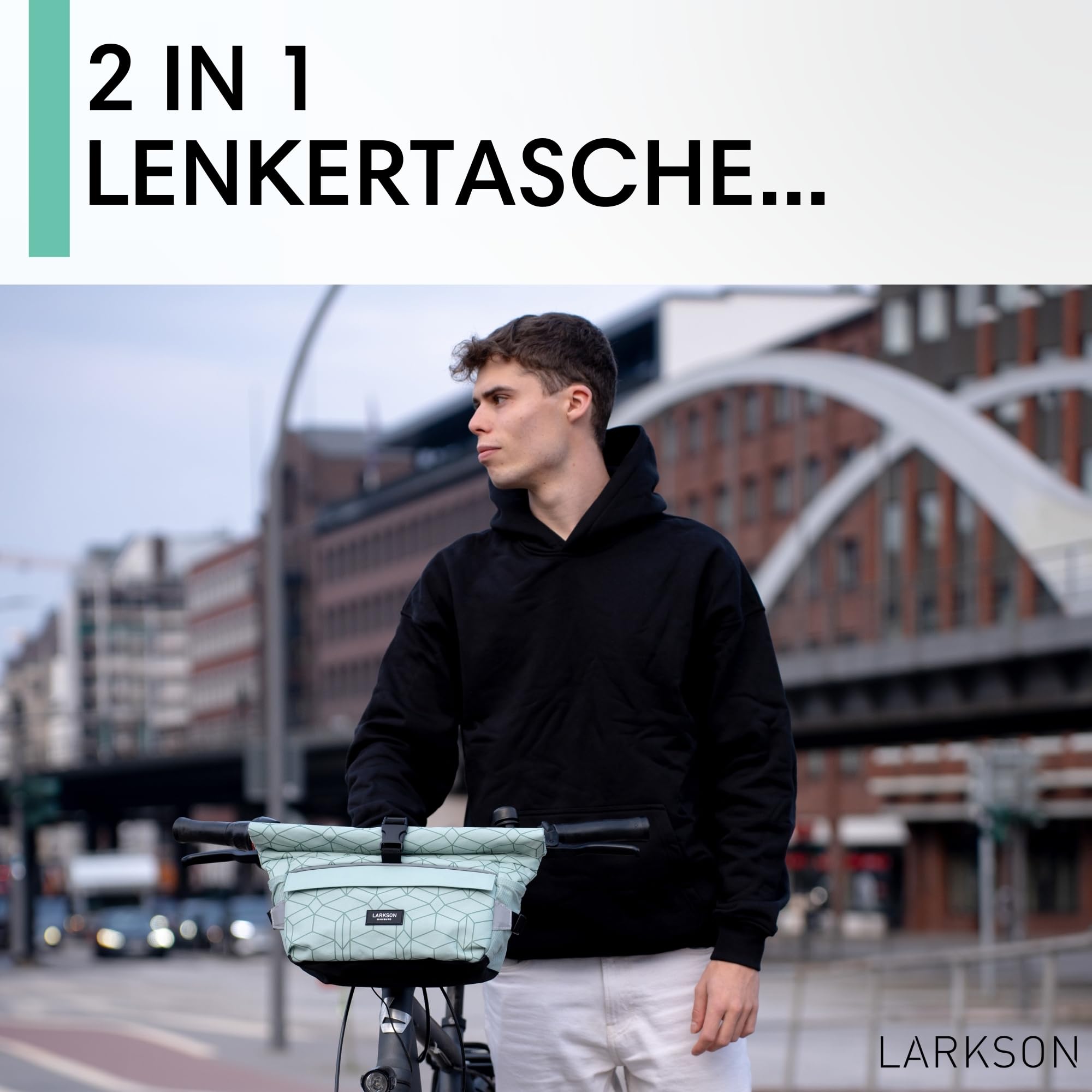 LARKSON Lenkertasche Fahrrad Grün - Lasse - 2 in 1 Fahrradtasche & Umhängetasche - Bikepacking Tasche für Lenker Vorne mit Reflektion - Wasserabweisend