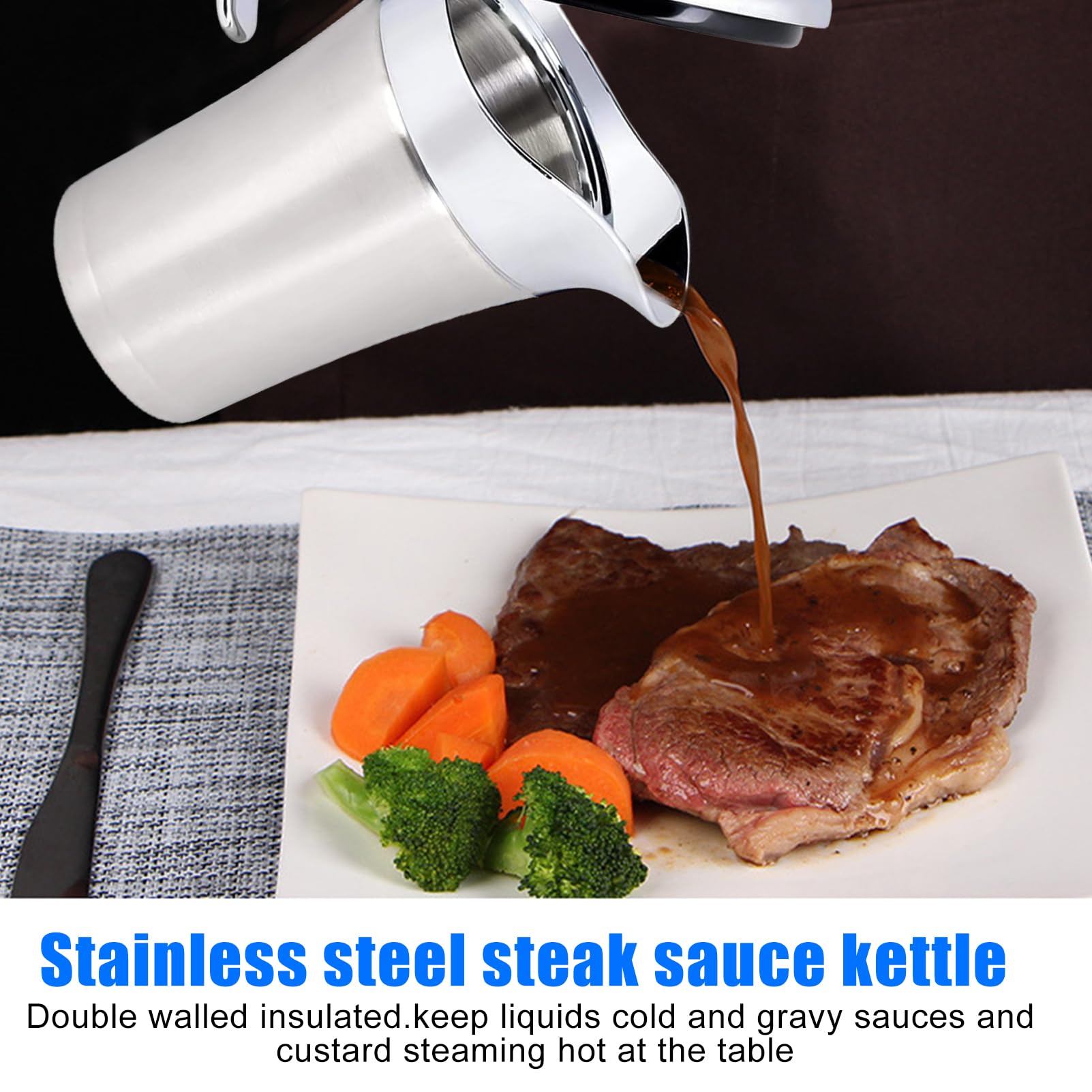 750ml Edelstahl Thermo Sauciere: WEGREAT Doppelt Isoliert Thermo Sauciere, Thermo-Saucentopf mit Deckel, Soßenkanne, Saucenbecher, Soßenbehälter für Sahne, Saft, Sauce, Vanillesoße (Silber)