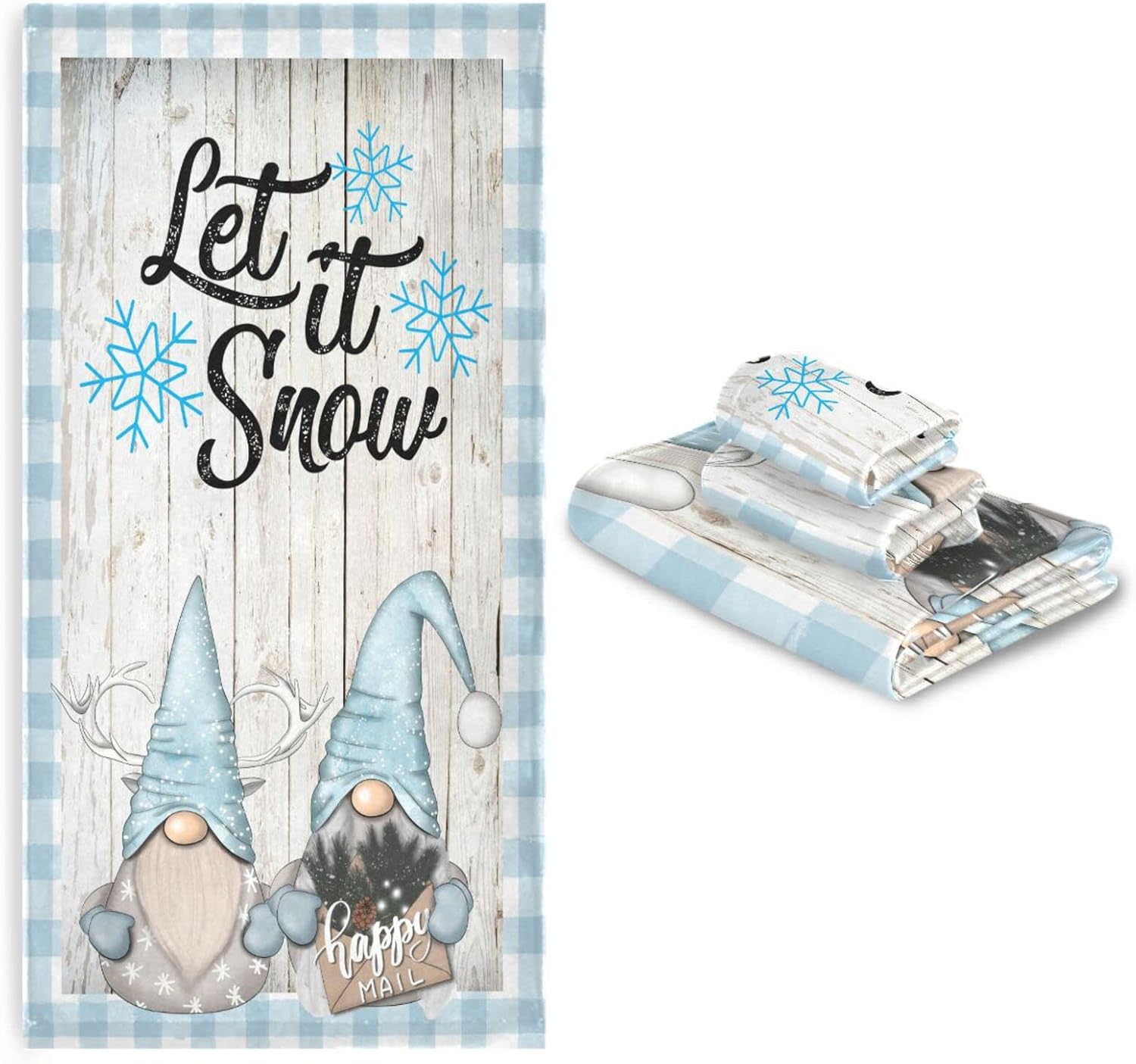Pfrewn Winter Gnomes Let it Snow Towels Set of 3 Christmas Elf Blue Snowflakes Wooden Bathroom Towel Soft Absorbent Bath Hand Towels Washcloth Guest Towel Sets Xmas Holiday Bathroom Decorations