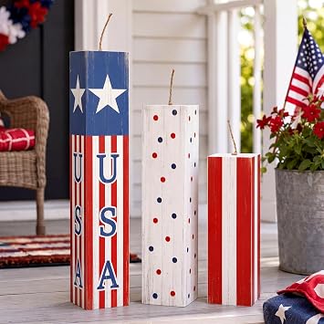 Gerrii 3 Pcs Large Patriotic Firecracker Porch Decor 4th of July Wooden Firecracker Decorations Red White Blue Ourdoor Decor for 250th Anniversary Independence Day Home Porch Yard Indoor Party