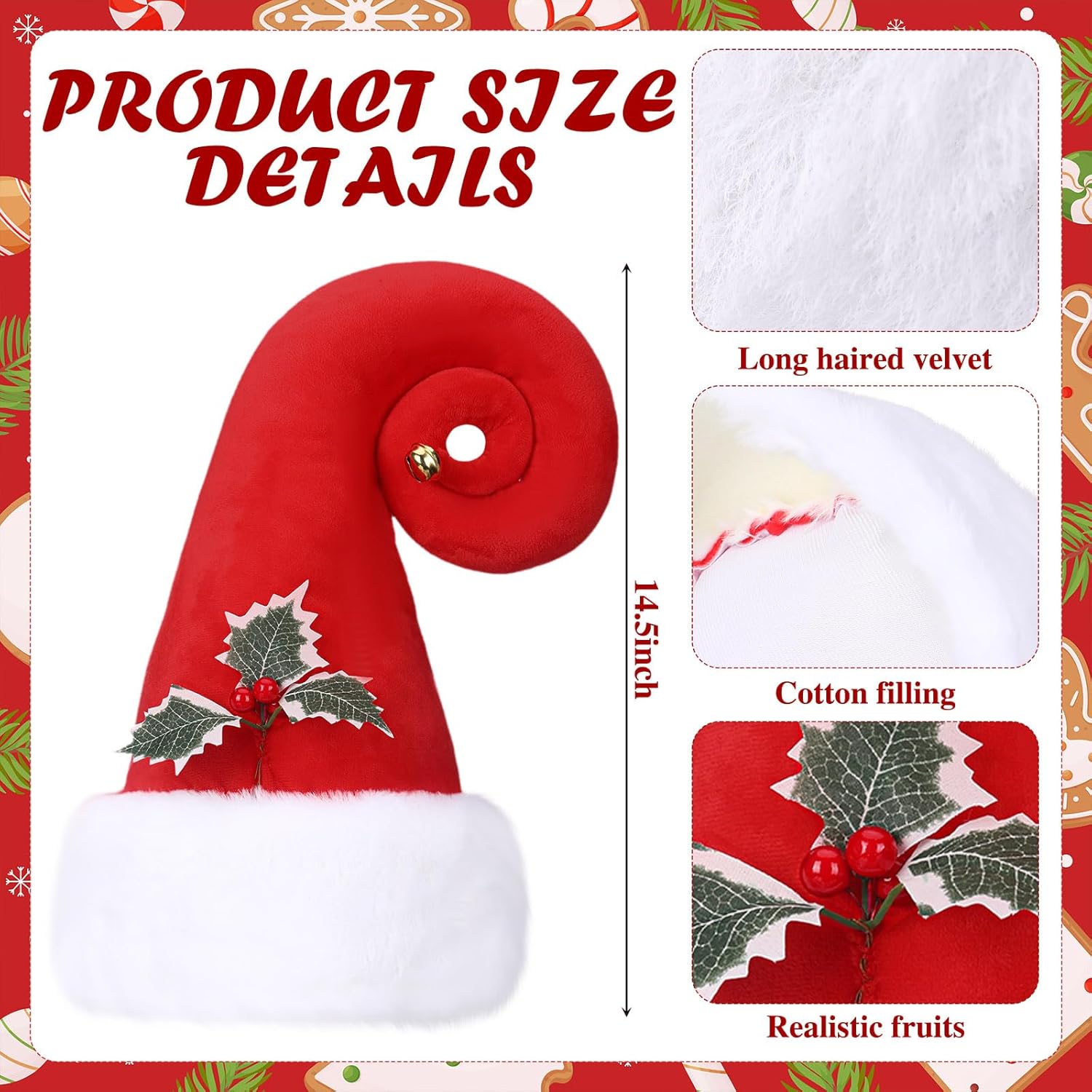 Santa Hat Christmas Tree Topper with Holly Decor - Large (14.5 in) Red Santa Claus Hat - Christmas Tree Topper for Holiday Trees - Image 3