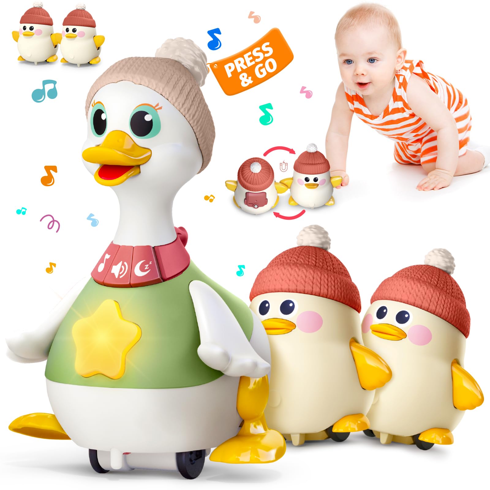 Photo 1 of **PLASTIC*** Sinpedex Musical Crawling Duck Baby Toys for 6-12 Months : Interactive Sensory Toy with Waddling & Calming Light for Tummy Time, Bedtime & Motor Skills | BPA-Free Infant Gift for 1 Year Old Boy Girl