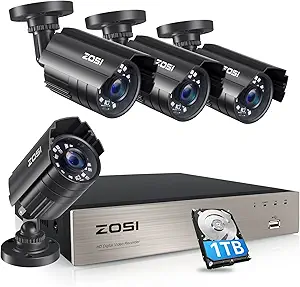 ZOSI 1080P Security Camera System with 1TB Hard Drive H.265+ 8CH 5MP Lite HD-TVI Video DVR Recorder with 4X HD 1920TVL 1080P Indoor Outdoor Weatherproof CCTV Cameras ,Motion Alert,Remote Access