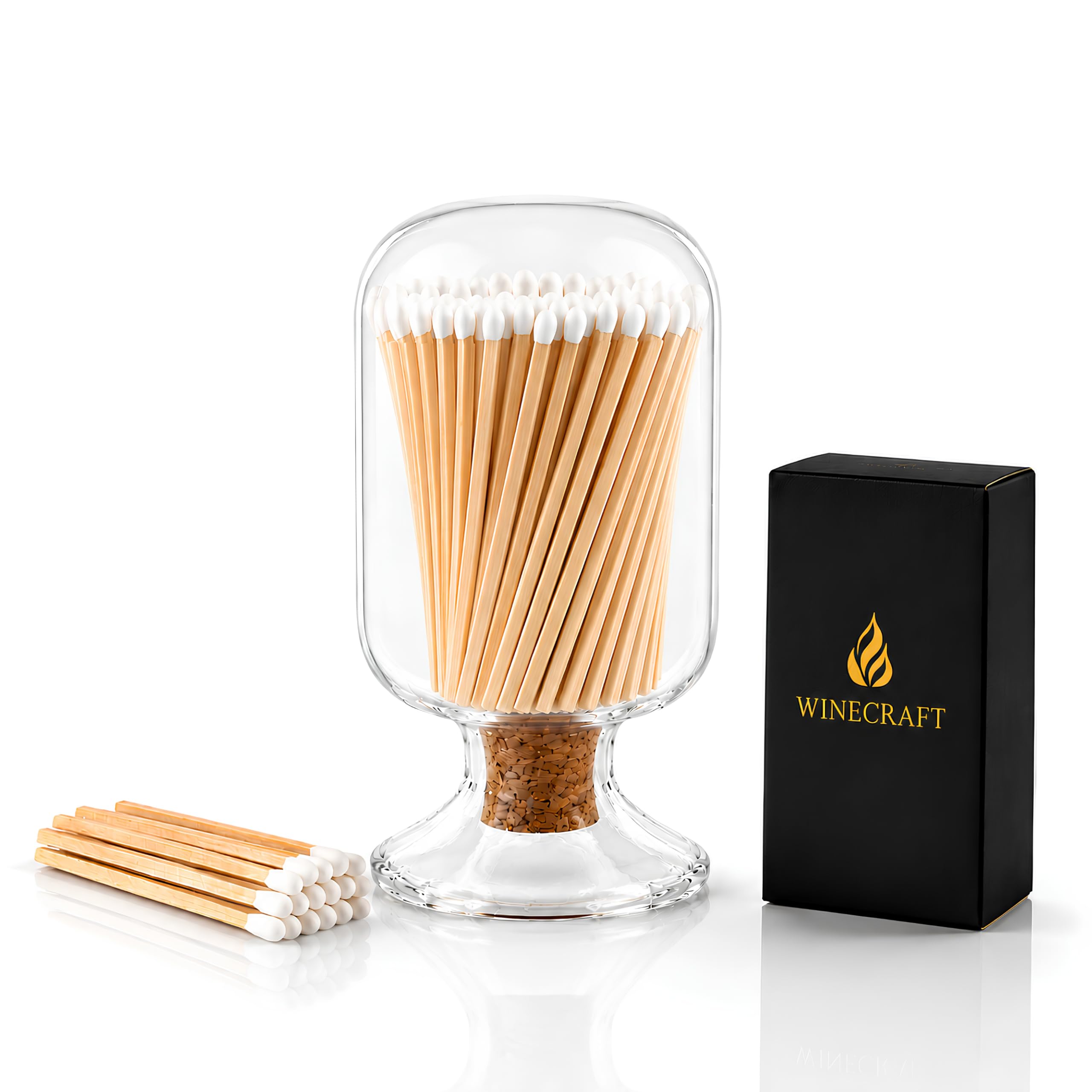 Includes Matches | Decorative Glass Matches Cloche | Bottle Jar Fireplace Candle Match Holder Gift Set
