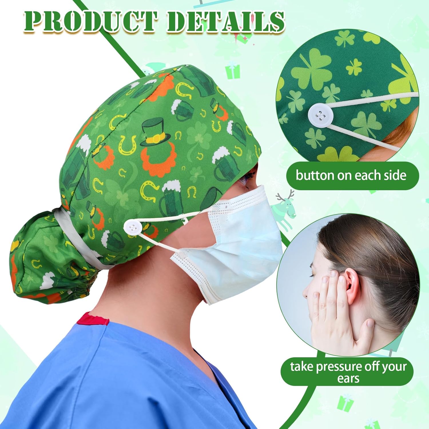 6 Pcs Satin Lined Working Hat Scrub Caps Adjustable Tie Back Bouffant Hats with Button Sweatband for Doctor Nurse - Image 3