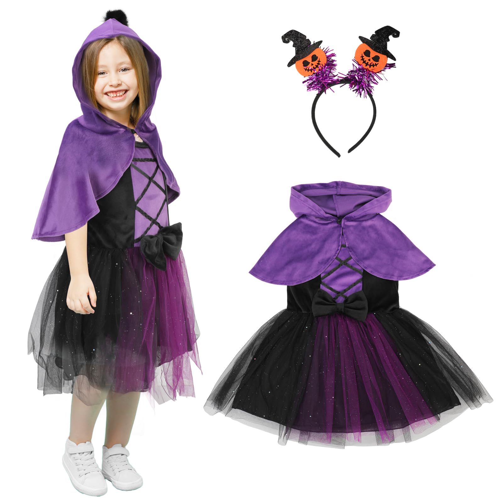 TAGVO Costume da Strega Halloween per Bambina, Ragazze Principessa Vestito Strega Viola Poncho Cappuccio Capo Paillettes Tulle Abiti serbatoio per bambini Halloween fantasia vestire per 1-6 anni