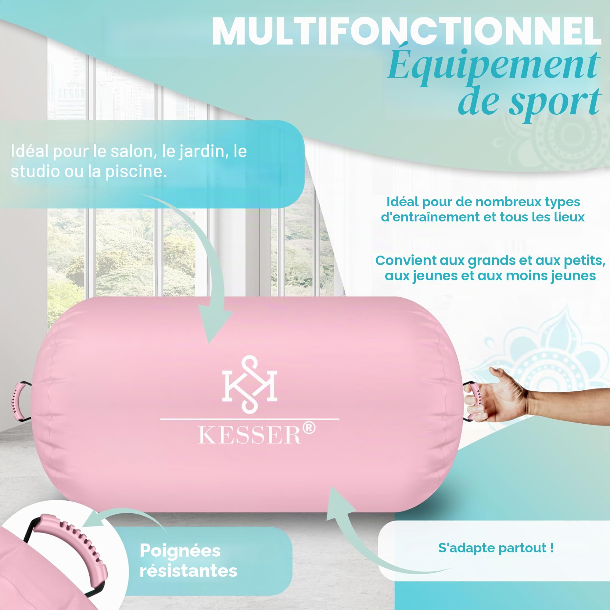 KESSER® Air Roll Airtrack Rouleau de gymnastique gonflable | Avec sac de transport & pompe à air électrique | Barrel Gymnastique Tumbling | Rouleau de yoga, tapis de gymnastique, rouleau de fitness