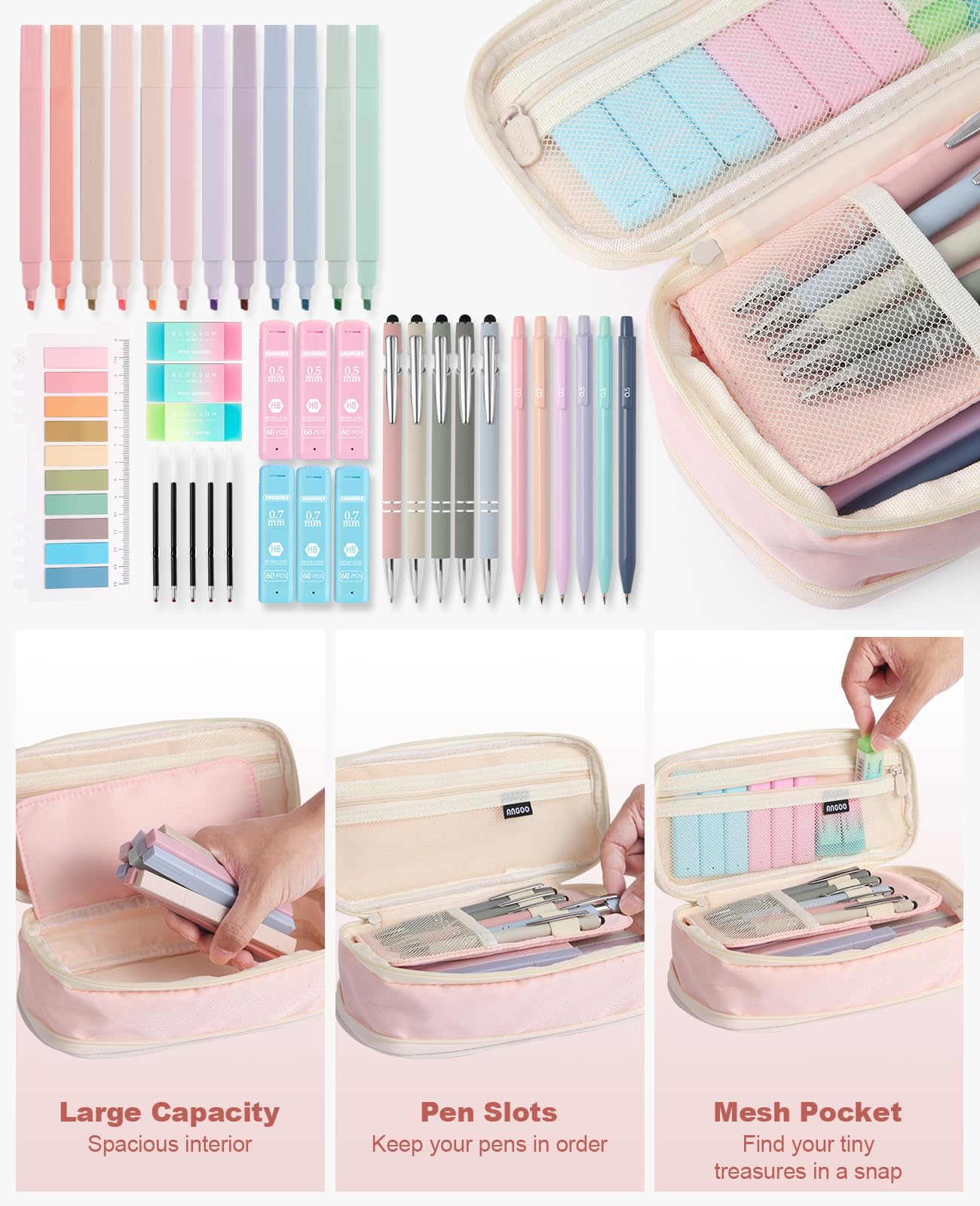 39 artículos escolares estéticos con bonito estuche, 5 bolígrafos con punta de lápiz capacitivo, 12 resaltadores pastel, 6 lápices mecánicos de 0.5 y 0.7 mm, apto para artículos esenciales