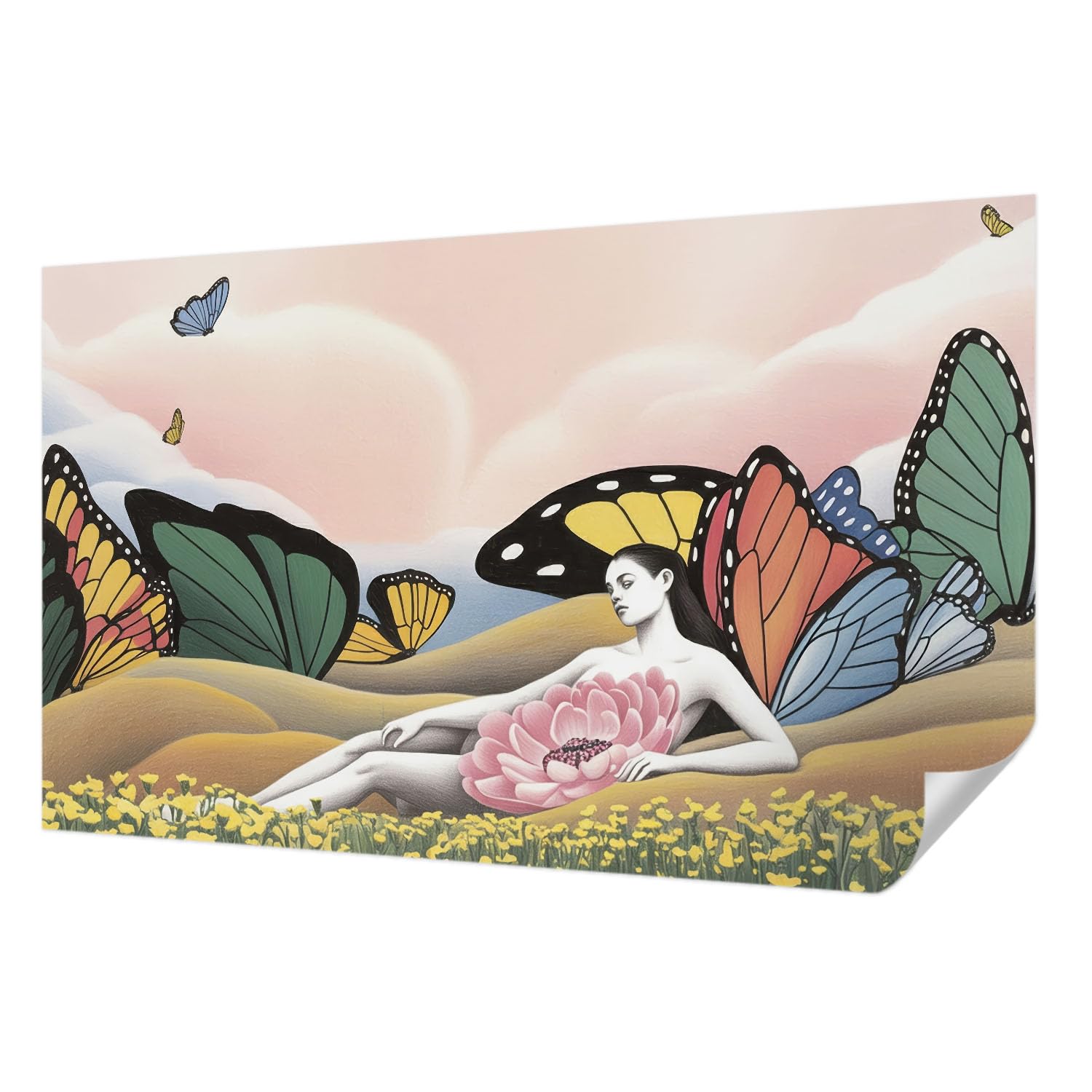 Papier peint auto-adhésif panoramique prairie aux papillons 416x254 cm pour salon