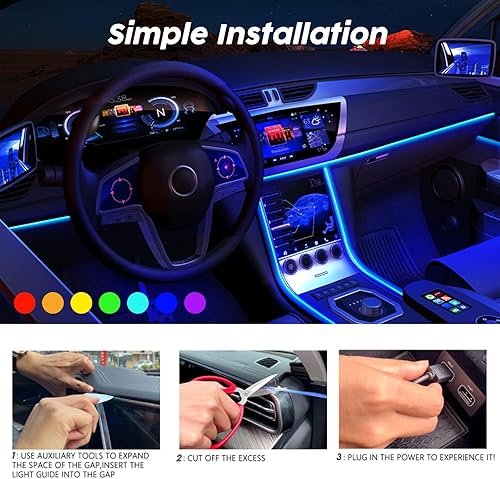 Miniatura 5 de Luces LED USB para automóvil, tira de luces interiores de automóvil, 7 colores, iluminación ambiental con fibra óptica de 118 pulgadas,