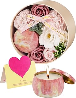 Femmes Savon Fleur Boîte Ronde avec Bougies Parfumées Rose Fleur Artificielle Coffret Cadeau Maman Personnalisé Anniversaire Fête des Mères Saint Valentin Noël (Rose pâle)