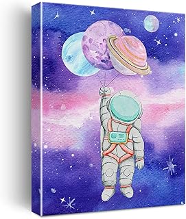 Outer Space Canvas Wall Art Watercolor Planet Astronaut Canvas Painting Prints for Home Kids Bedroom Nursery Wall Decor Framed Space Artwork Gifts(12x15 Inch)