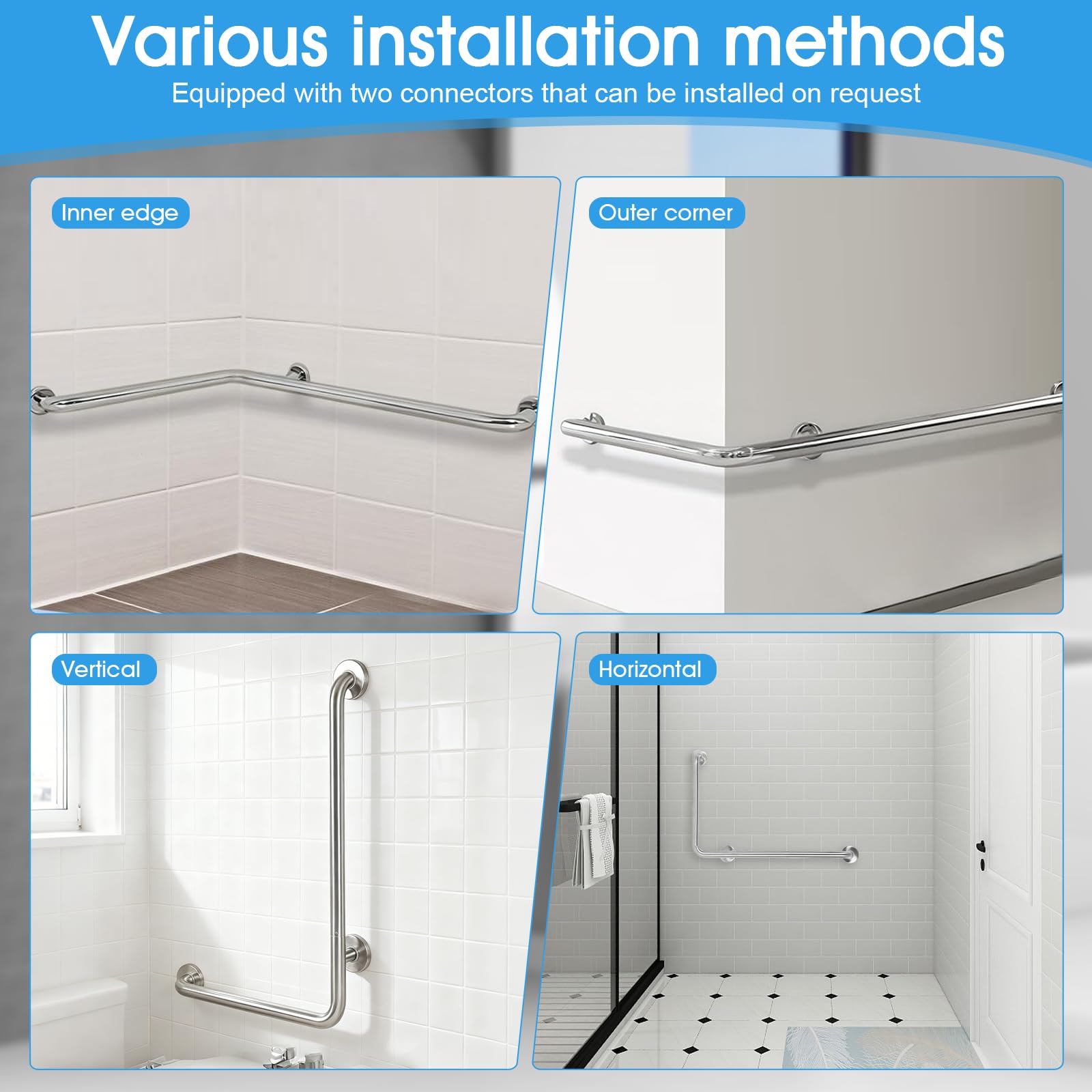 Maniglia per doccia, 70 x 50 cm, a forma di L, in acciaio inox, per anziani e incinte, impugnatura di sicurezza per bagno, WC, corrimano da parete antiscivolo per hotel e casa (spazzolato, sinistra)