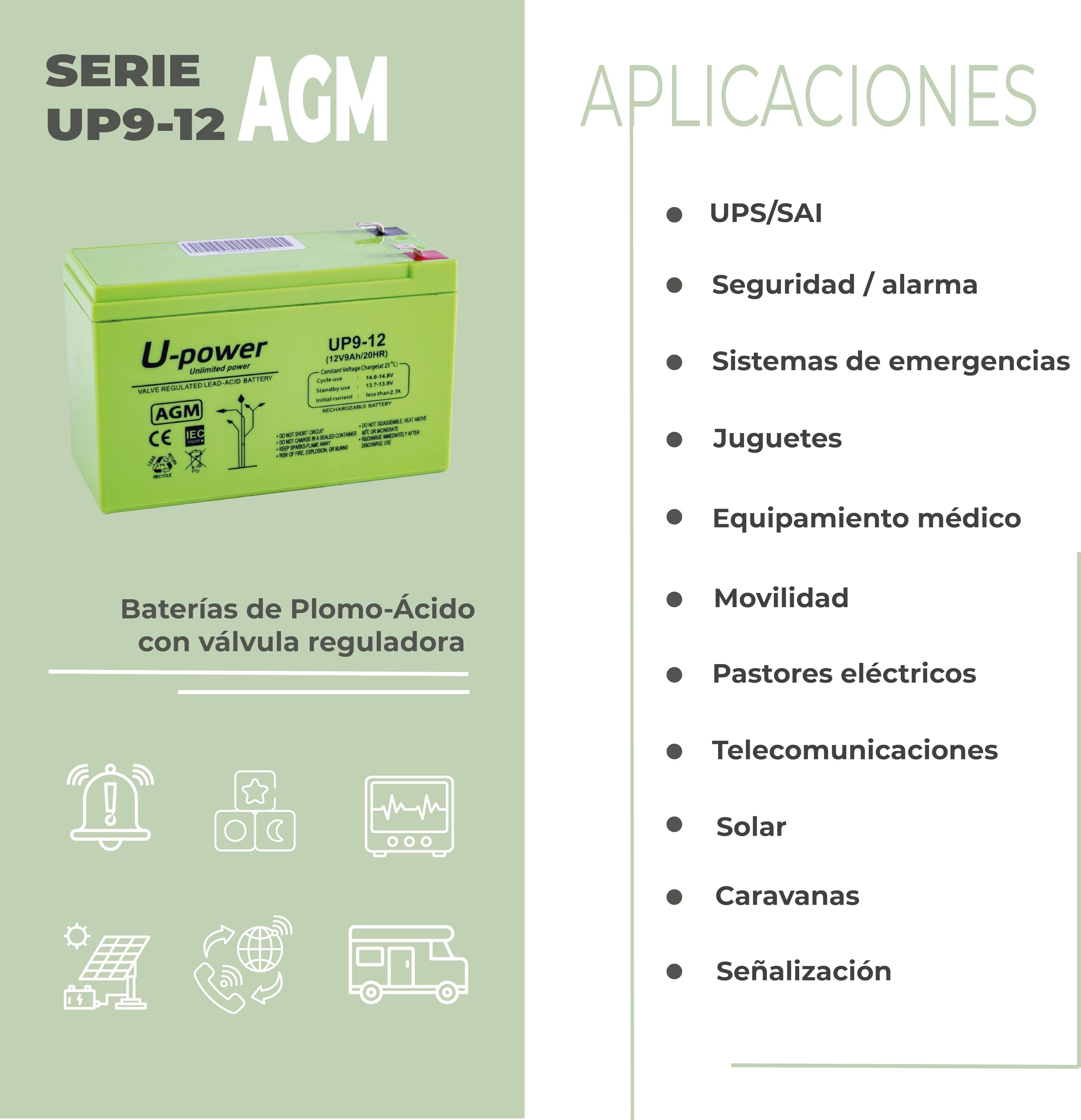 U-Power Batería AGM 12V 9Ah – Sellada Recargable Plomo-Ácido VRLA – para Alarmas, SAI/UPS, Seguridad, Juguetes Eléctricos y Más – Terminal Faston F2 (6.3 mm)