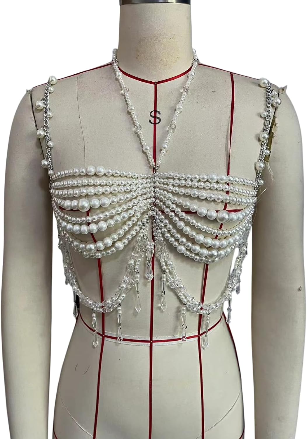 Pearl Body Chain Bra, Layered Crystal Harness Body Jewelry, Handmade Beaded Chest Chain Halter Shoulder Necklace for Women, Adjustable Pearl Top Chain for Wedding, Party, Beach, Rave Outfits,Concert