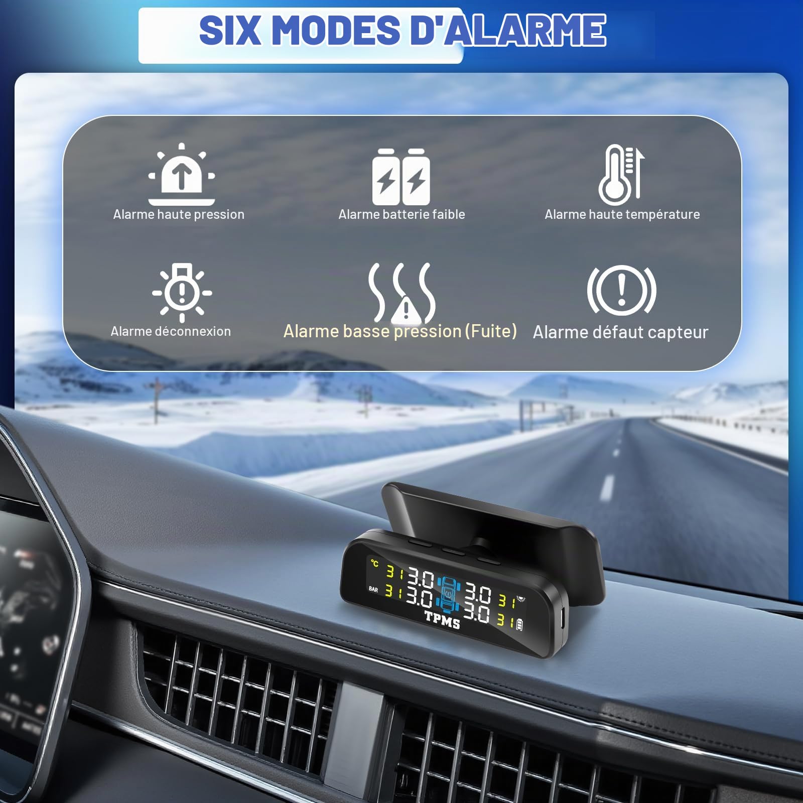 0-3.5bar TPMS SystèMe De Surveillance De La Pression des Pneus Solaire sans Fil & Chargement USB, 5 Modes D’Alarme, 4 Capteur Externe De Pression des Pneus, Universel pour Les Voitures Vans