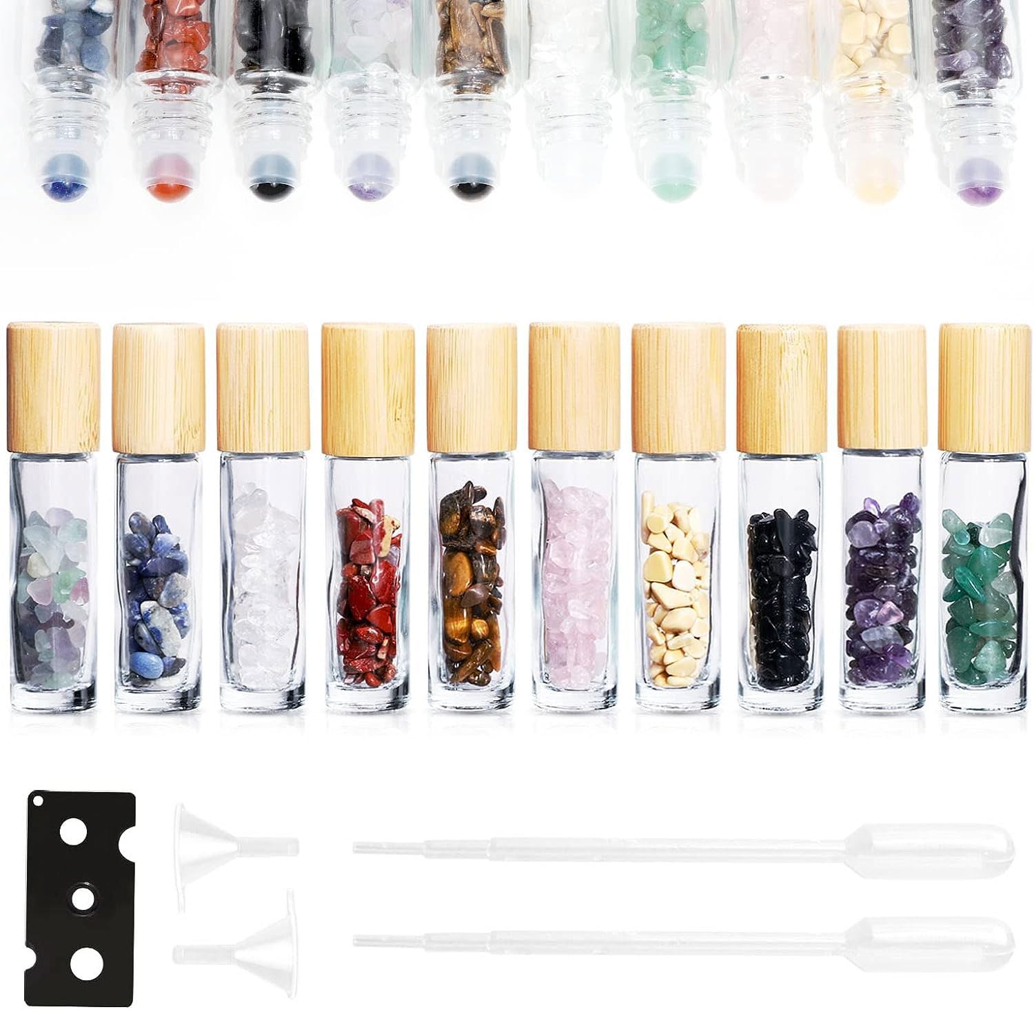 10 Pcs flaconi a rullo con pietre preziose 10 ml, flaconi per campioni con tappi in bambù per oli essenziali, profumi, aromaterapia