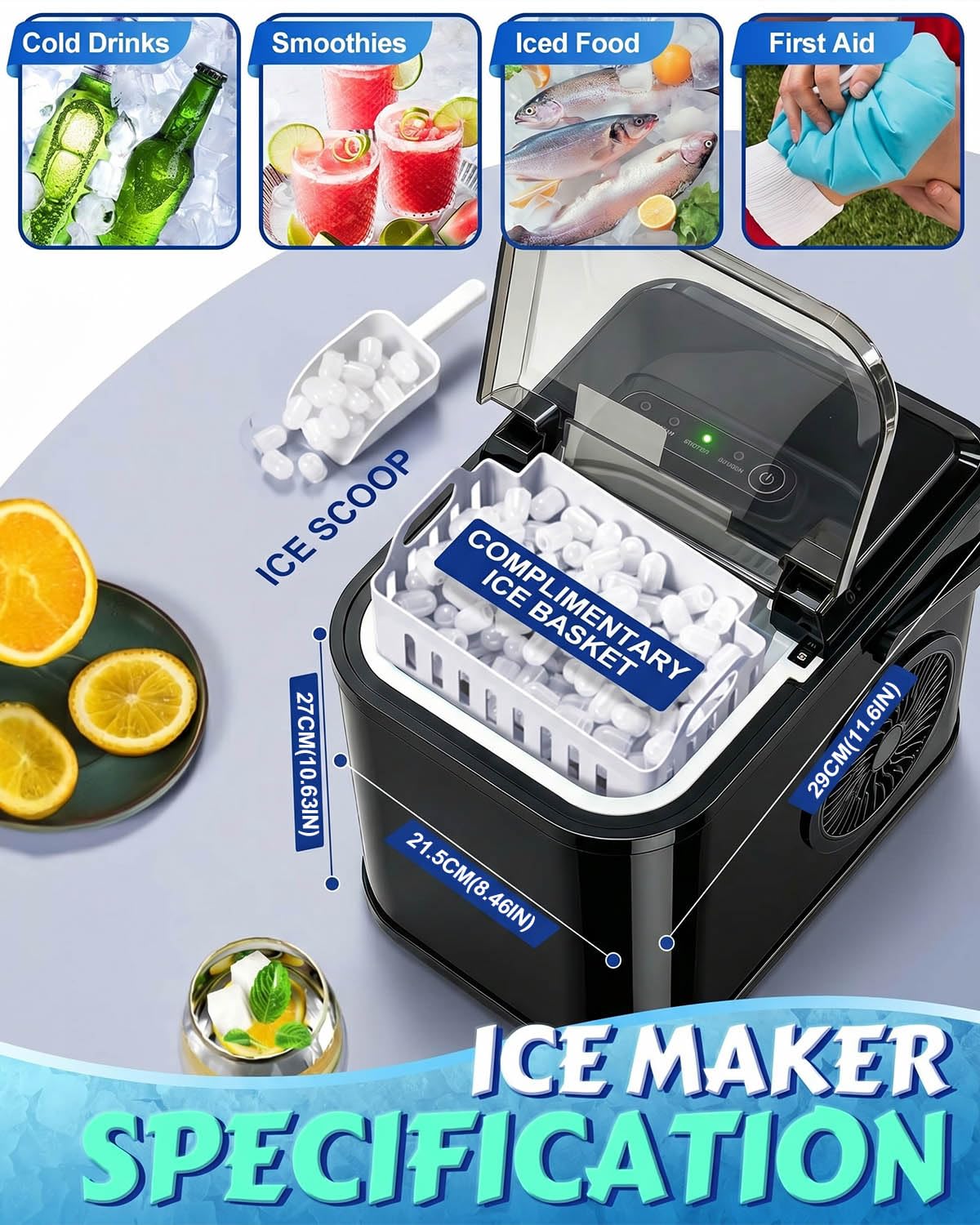 Máquina para hacer hielo, 8 cubitos de hielo en 6 minutos, 12 kg en 24 horas, 2 tamaños de hielo bala, autolimpieza, pequeña máquina de hielo portátil con mango y cuchara, para el hogar, cocina