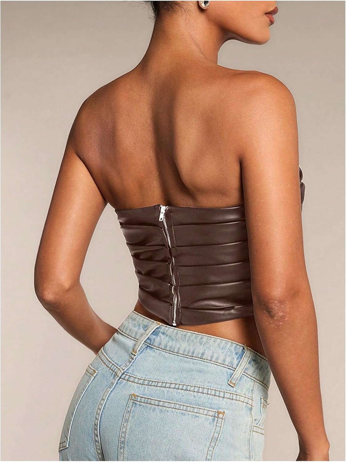 Milumia Women's PU Leather Ruched Tube Top Strapless Sleeveless Asymmetrical Hem Tops - Image 3