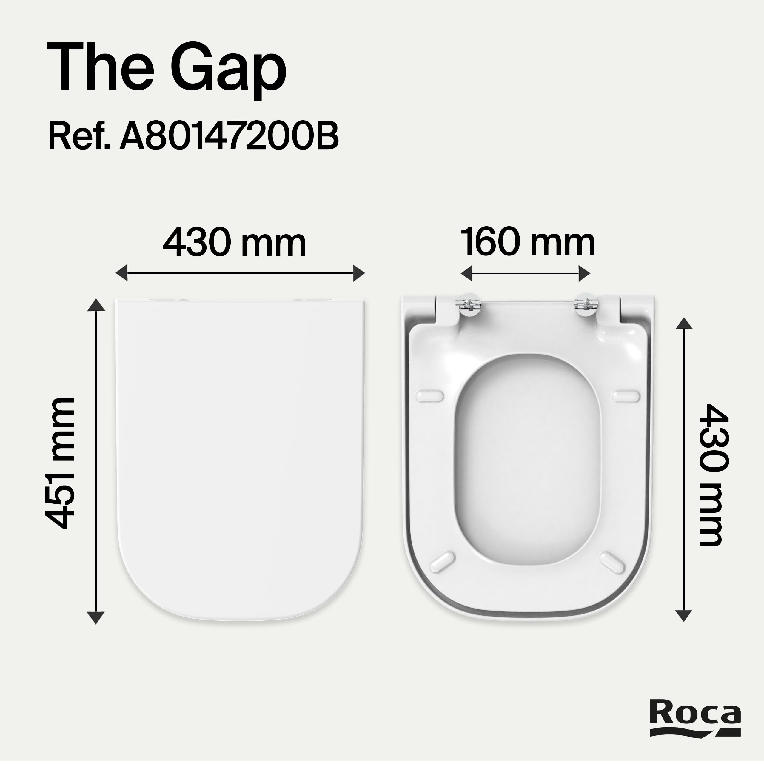 Roca The Gap - Tapa y asiento de Supralit para inodoro de tanque bajo con caída amortiguada, tapadera de WC original con ajuste perfecto, recambio de tapa de váter resistente, blanco, A80147000B