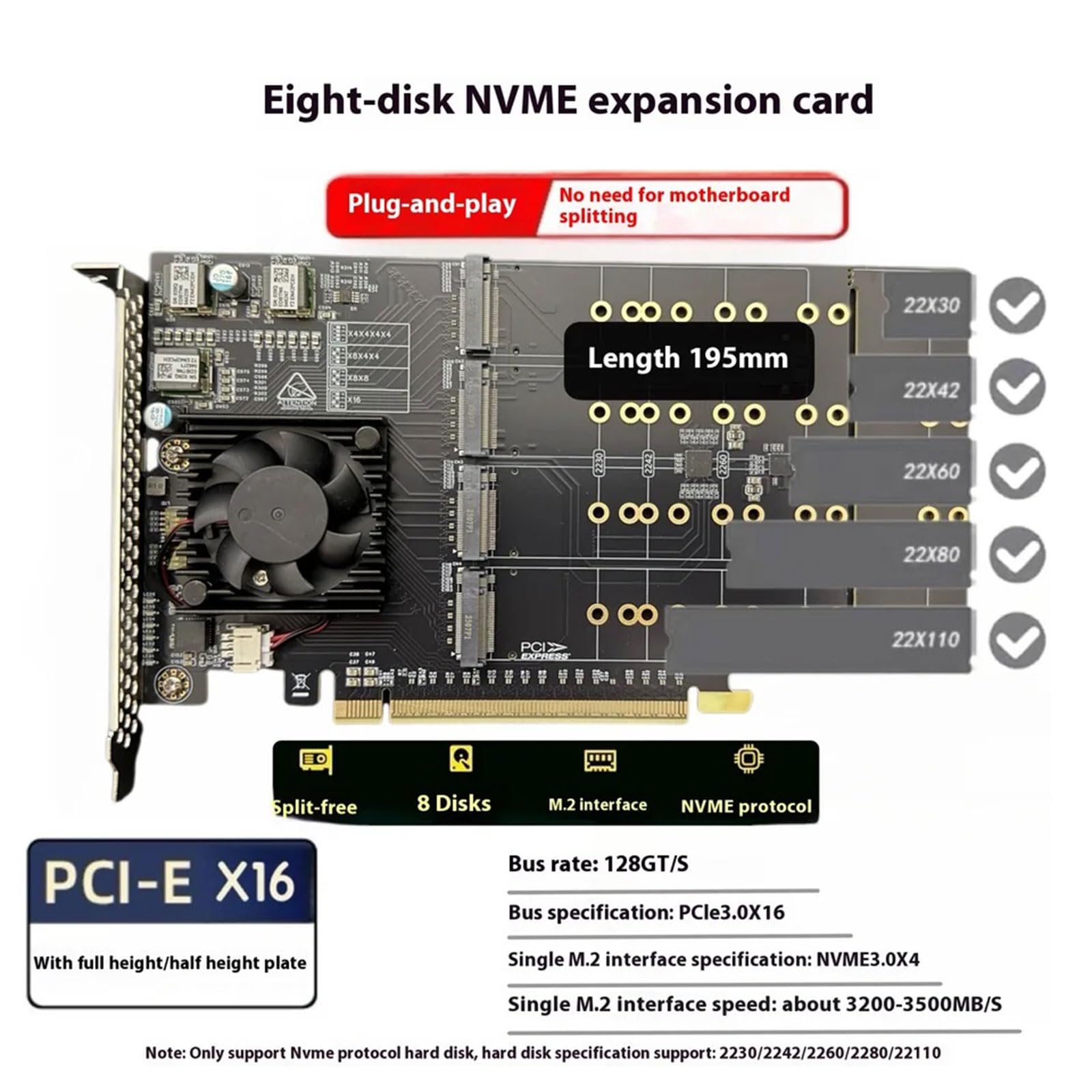 Scheda di espansione dell'unità NVMe PLX8749 PCIe3.0 X16 Supporta 8 unità con alloggiamento in metallo per trasferimento dati ad alta velocità Scheda di archiviazione per computer multi disco