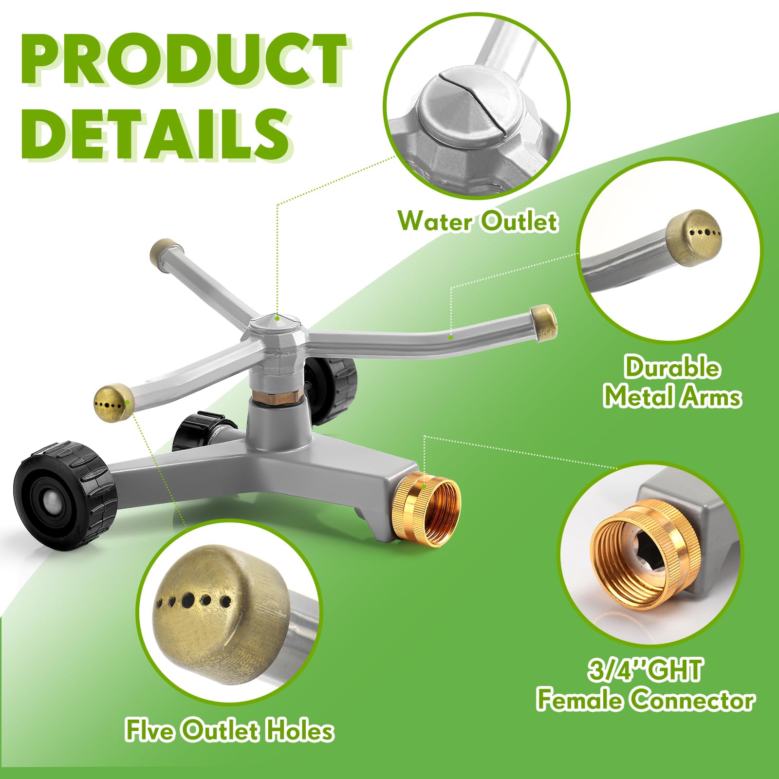 Aspersor giratorio de metal para césped, 3 brazos, resistente, 360 grados, giratorio automático, aspersor de agua con base de ruedas para césped, patio, jardín, patio trasero, cubre hasta 538
