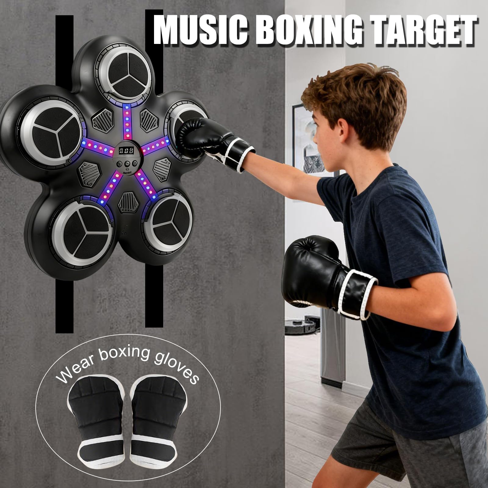 OBEST Macchina da Boxe Musicale Boxmaschine con Schermo LED per Bambini, Montaggio a Parete con Guantoni da Boxe, Allenamento con Bersaglio Indoor, Regalo per Bambini
