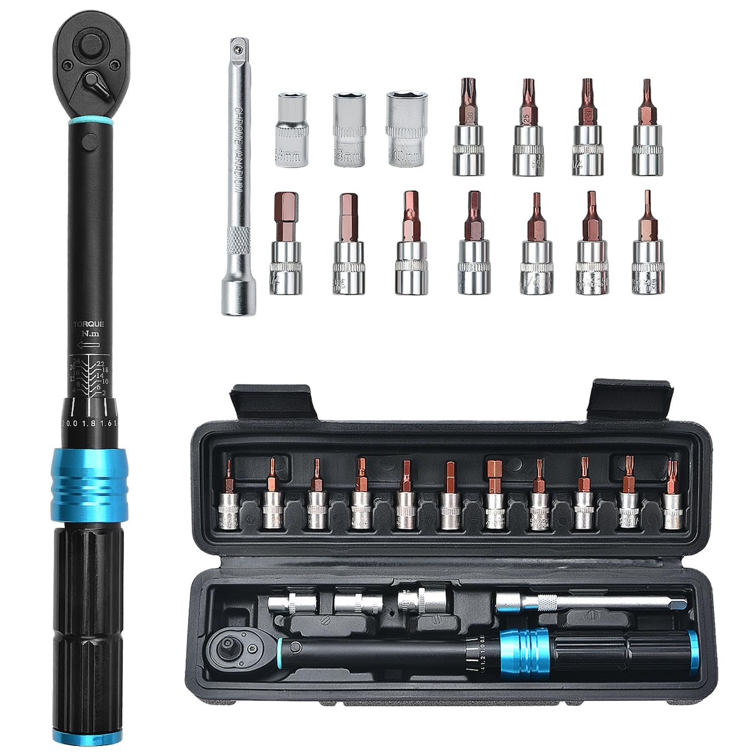 Zoomtools 16pc Bicycle Torque Wrench Set 2-24 Nm, 1/4-Inch Drive Adjustable Torque Ratchet Wrench Set for Bike and Motorcycle Maintenance