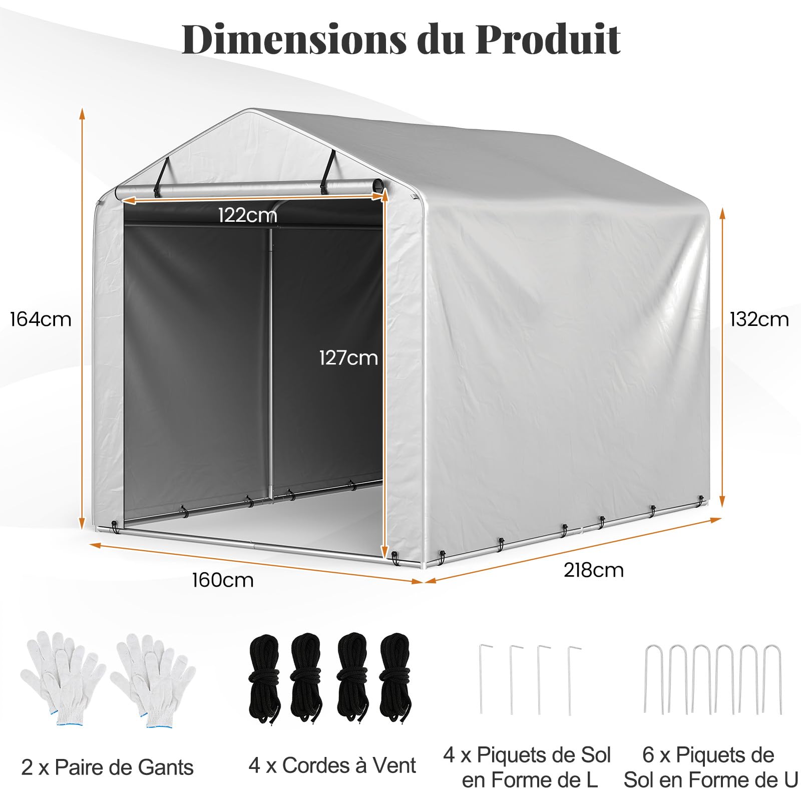 GYMAX Abri pour Motos, Vélos, Outils, Abri Extérieur Jardin Imperméable avec Porte Enroulable à Fermeture Éclair, Tente de Garage Protection,160x218x164CM