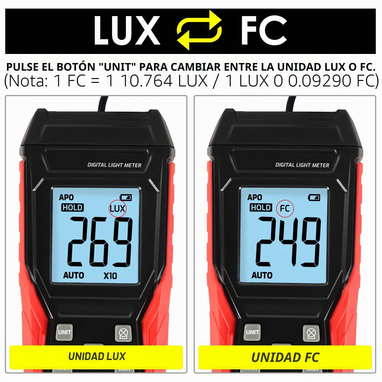 Medidor de Luz/Lux Digital de Mano con Sensor de Luz, Rango de 200,000 Lux, Iluminancia para Plantas de Interior y Exterior