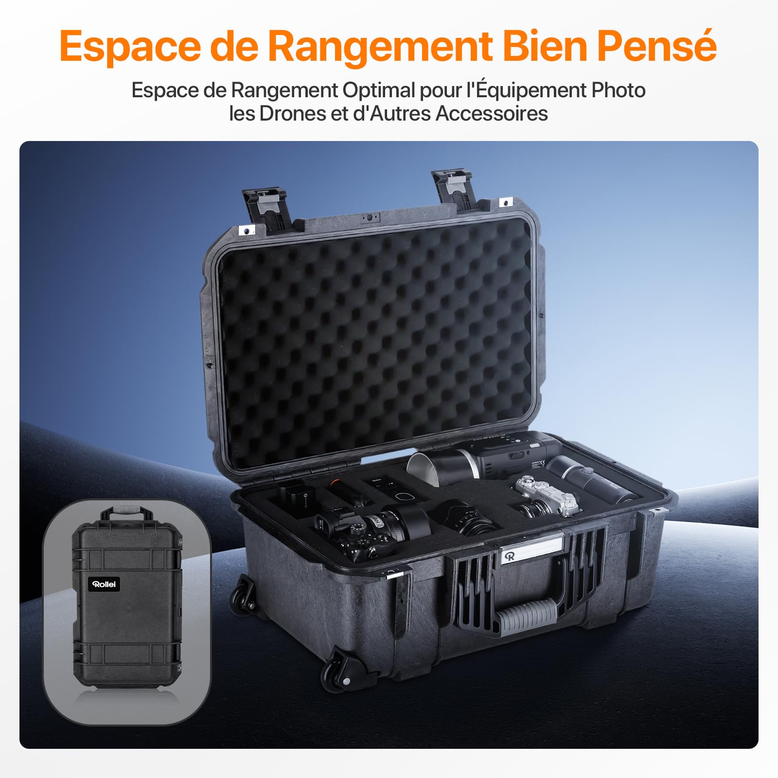 Rollei Valise à roulettes pour Appareil Photo - Extrêmement Robuste - Incassable et étanche - Grande Valise pour Appareil Photo d'extérieur - Régulation Automatique de la Pression et Protection