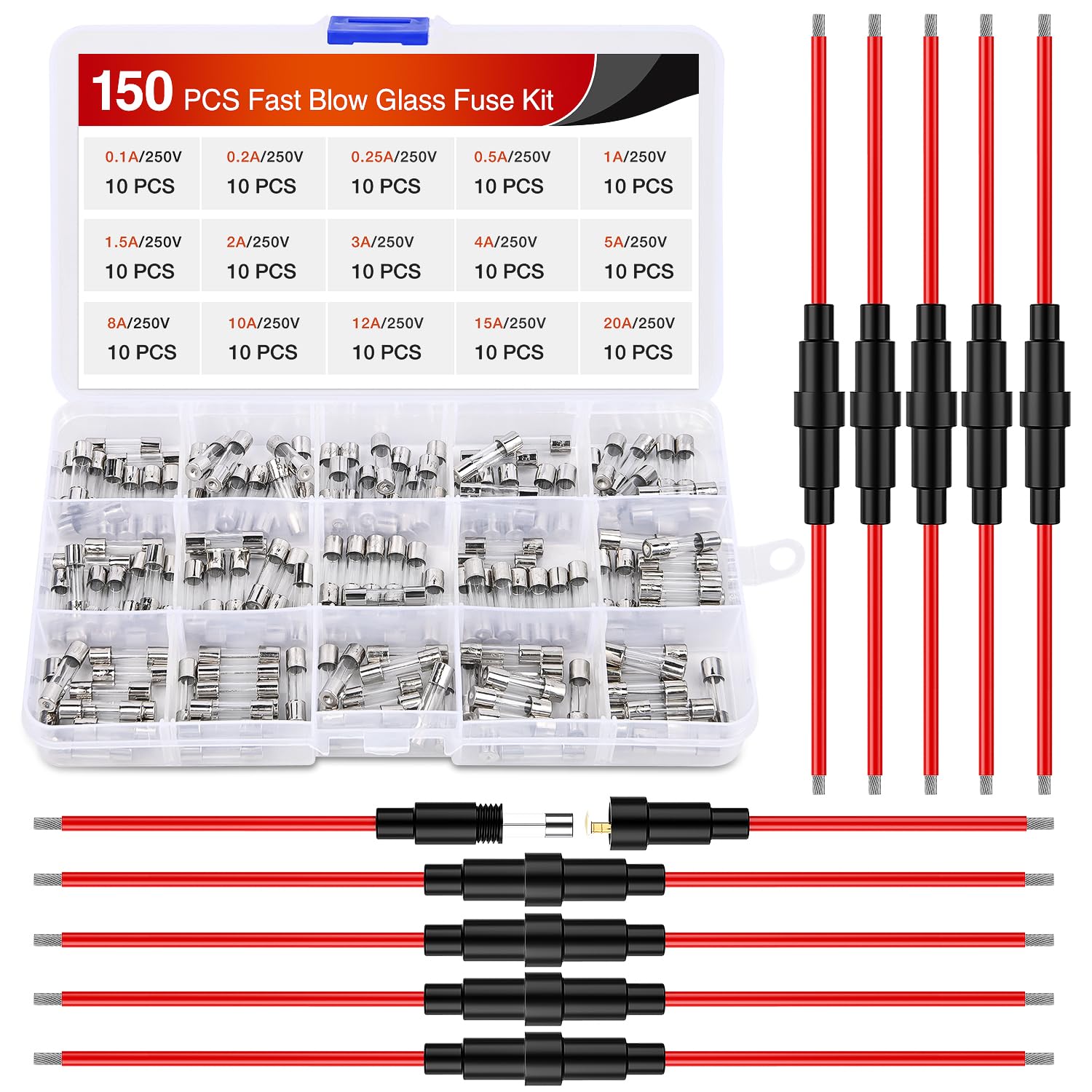 Nilight 150PCS Fast Blow Glass Fuses with 10PCS 5x20mm Inline Holder Screw Type16AWG 250V 0 1A 0 2A