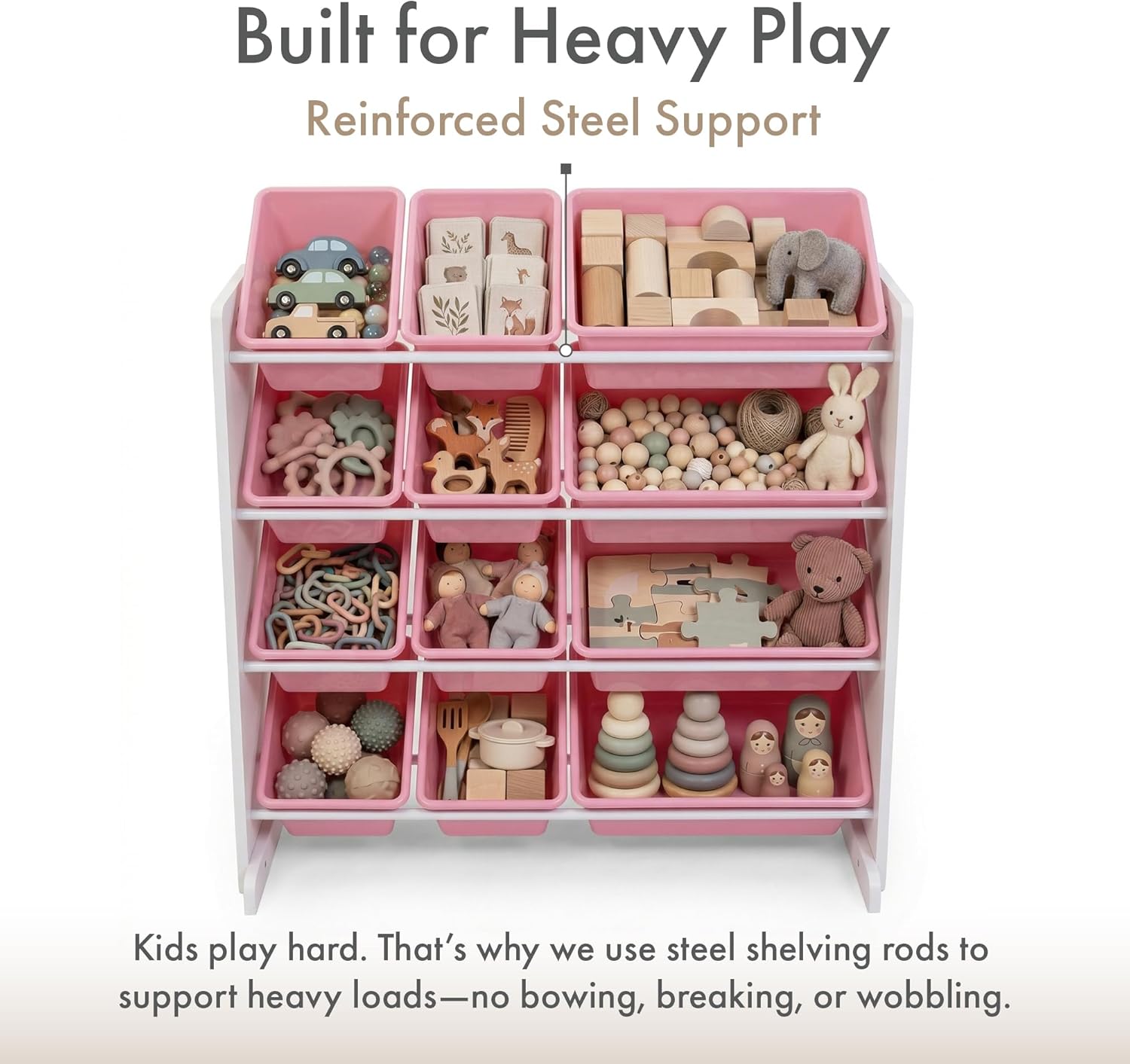 Humble Crew Kids Toy Storage Organizer with 12 Plastic Bins, White/Pink – Removable Bins for Playroom, Bedroom, Toddler Furniture for Boys and Girls Ages