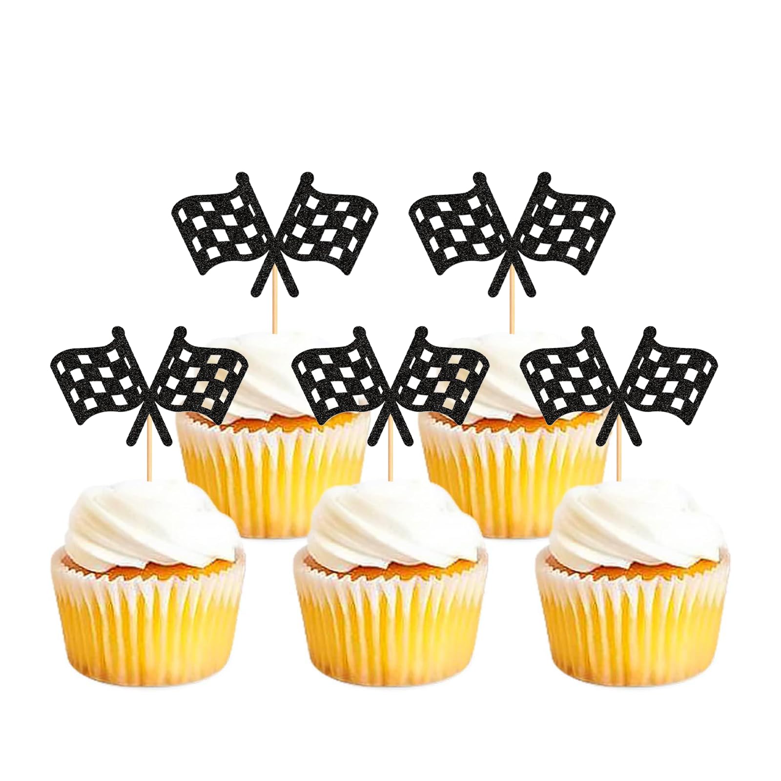 24Pcs Checkered flag Racing Cupcake Toppers Race Car Glitter Cake Toppers Decorations for Racing Sports Theme Party Birthday Party Baby Shower Supplies