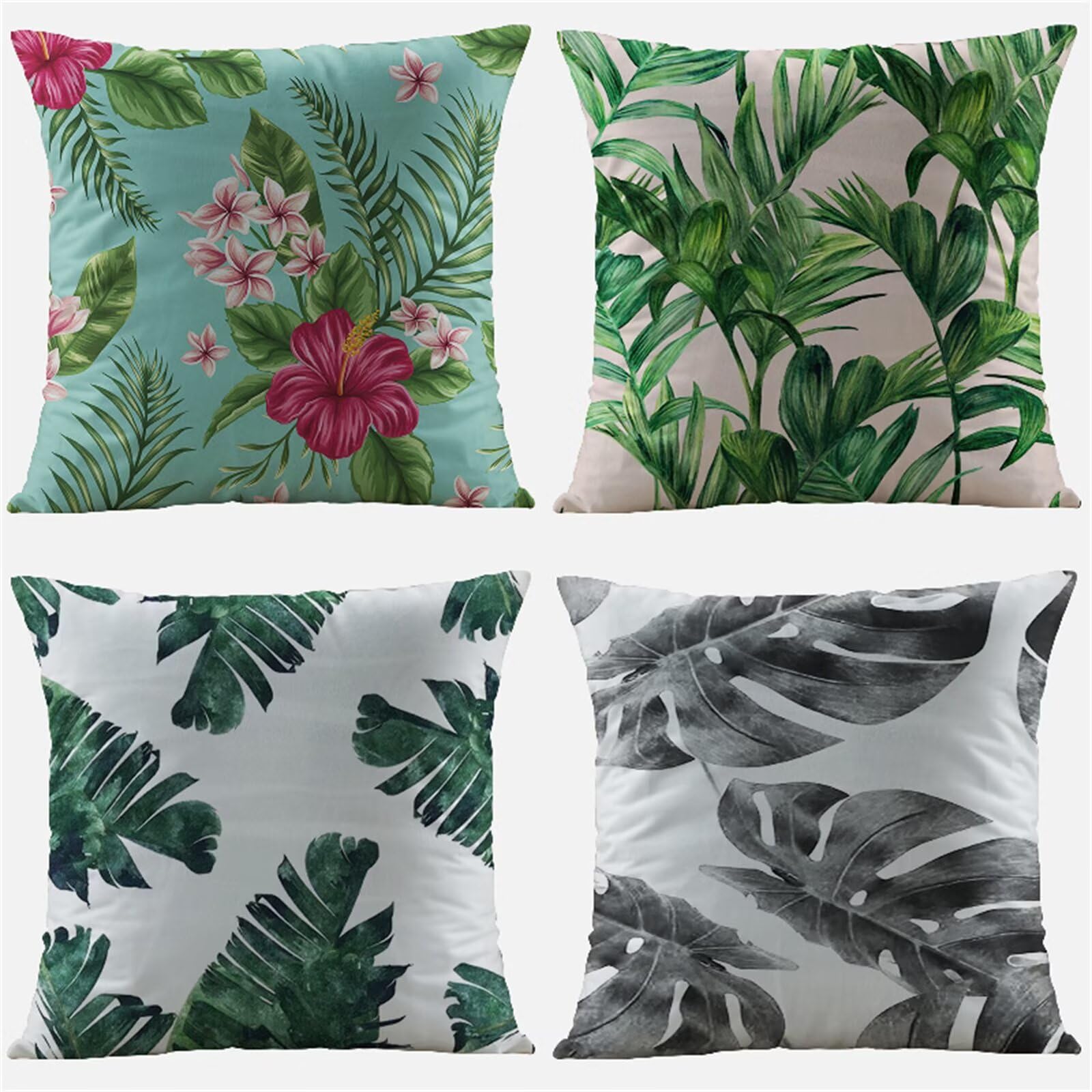 Fundas de Cojines 65x65cm Juego de 4 TropicalPlants Doble Cara Suave Funda Cojin Verde Impermeable Cojines Terraza Exterior con Cremallera Oculta Funda de Almohada para Decorativos Hogar Cama S-4643