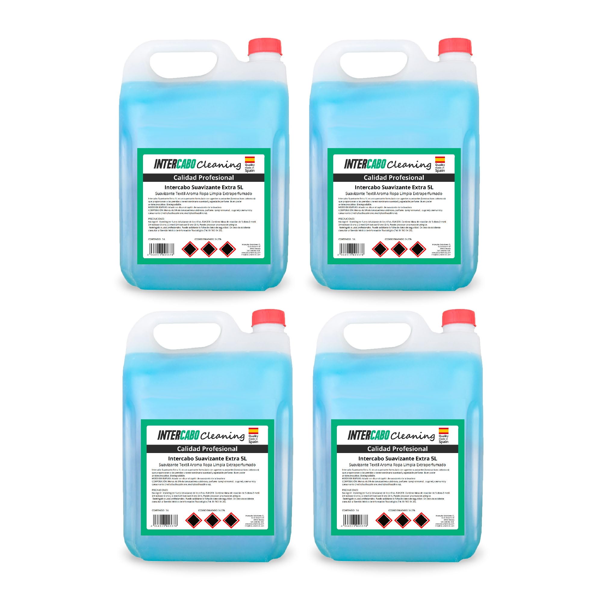 4 Garrafas suavizante ropa 5 litros - total 20L - fórmula concentrada con fragancia duradera - suavidad y frescura para textiles - uso intensivo en hoteles, lavanderías y colectividades - Intercabo