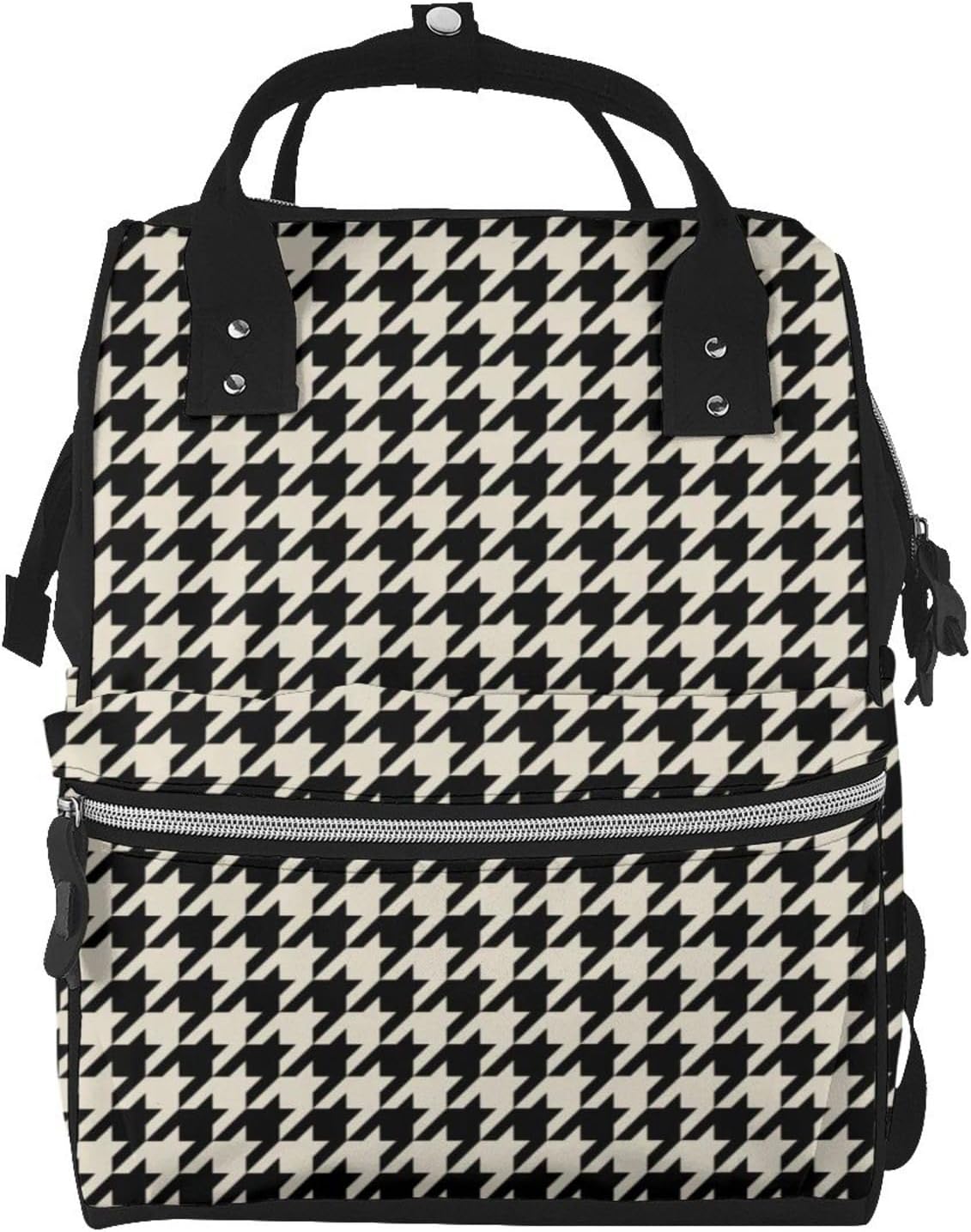 Houndstooth Pattern Black Off-White Diaper Bag Backpack for Women, Large Capacity Waterproof Travel Bag with Stroller Straps