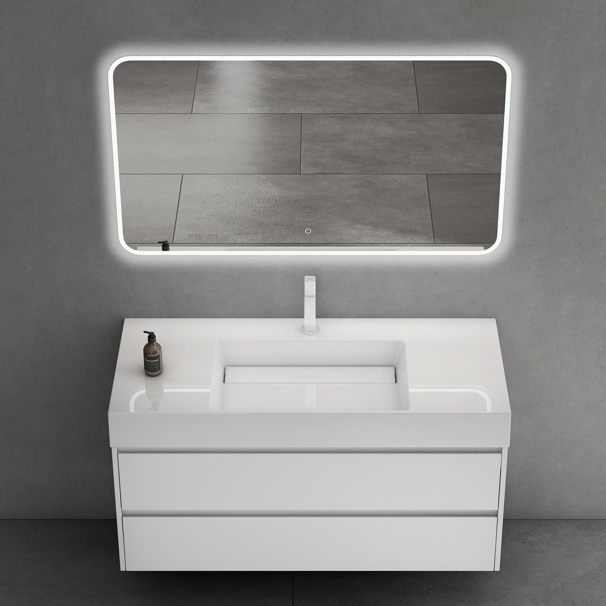 doporro Meuble de Salle de Bain Suspendu 120x48x50cm Ensemble de 2 Pièces | Blanc Mat, avec Lavabo en Solid Surface, Design Deep