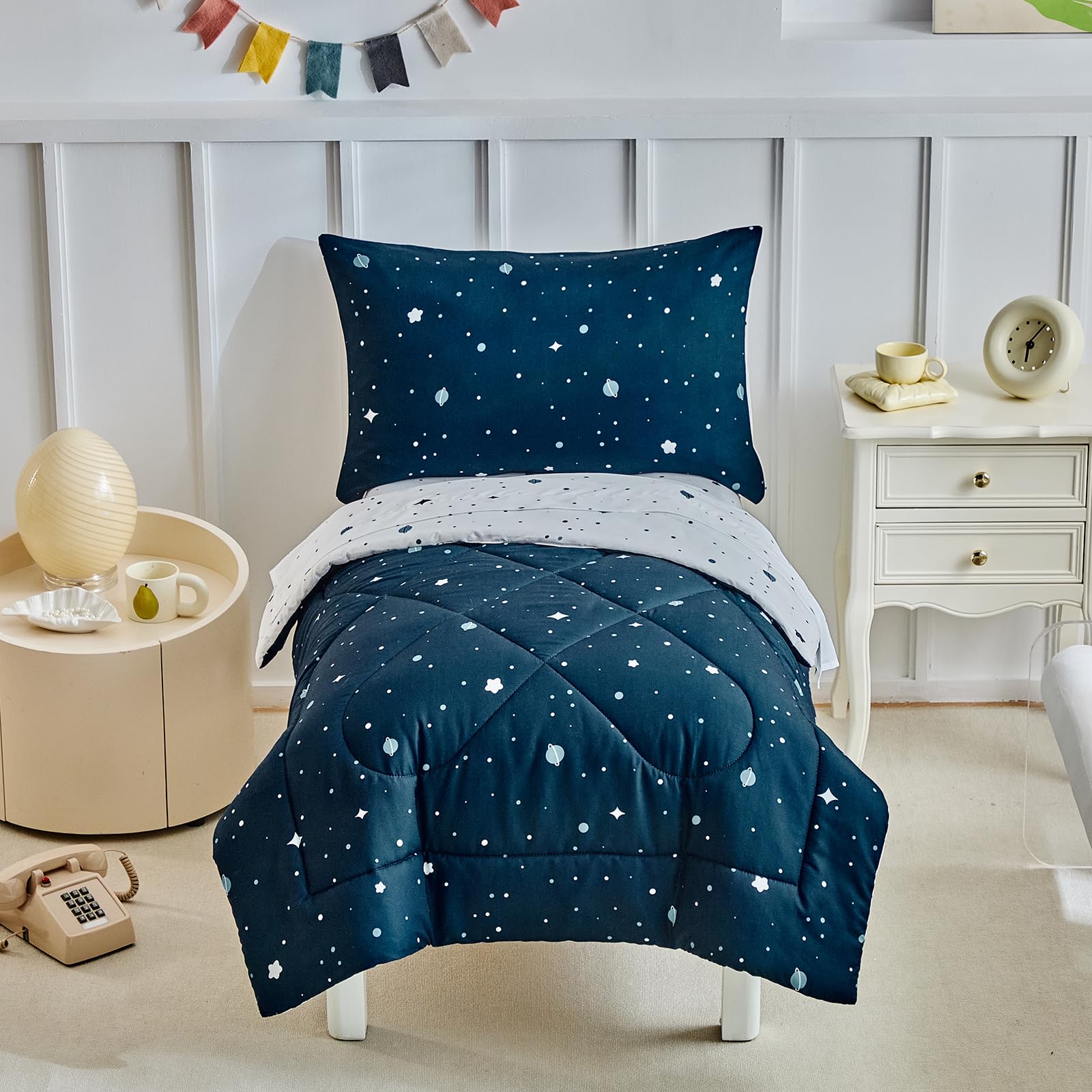 DuShow Star 4 Pieces Boys Toddler Bed Comforter Set Dark Blue Reversible Toddler Bedding Set Soft Baby Crib Bed Sheets Set in a Bag | Include Quilt Comforter,Flat Sheet,Fitted Sheet,Pillowcase