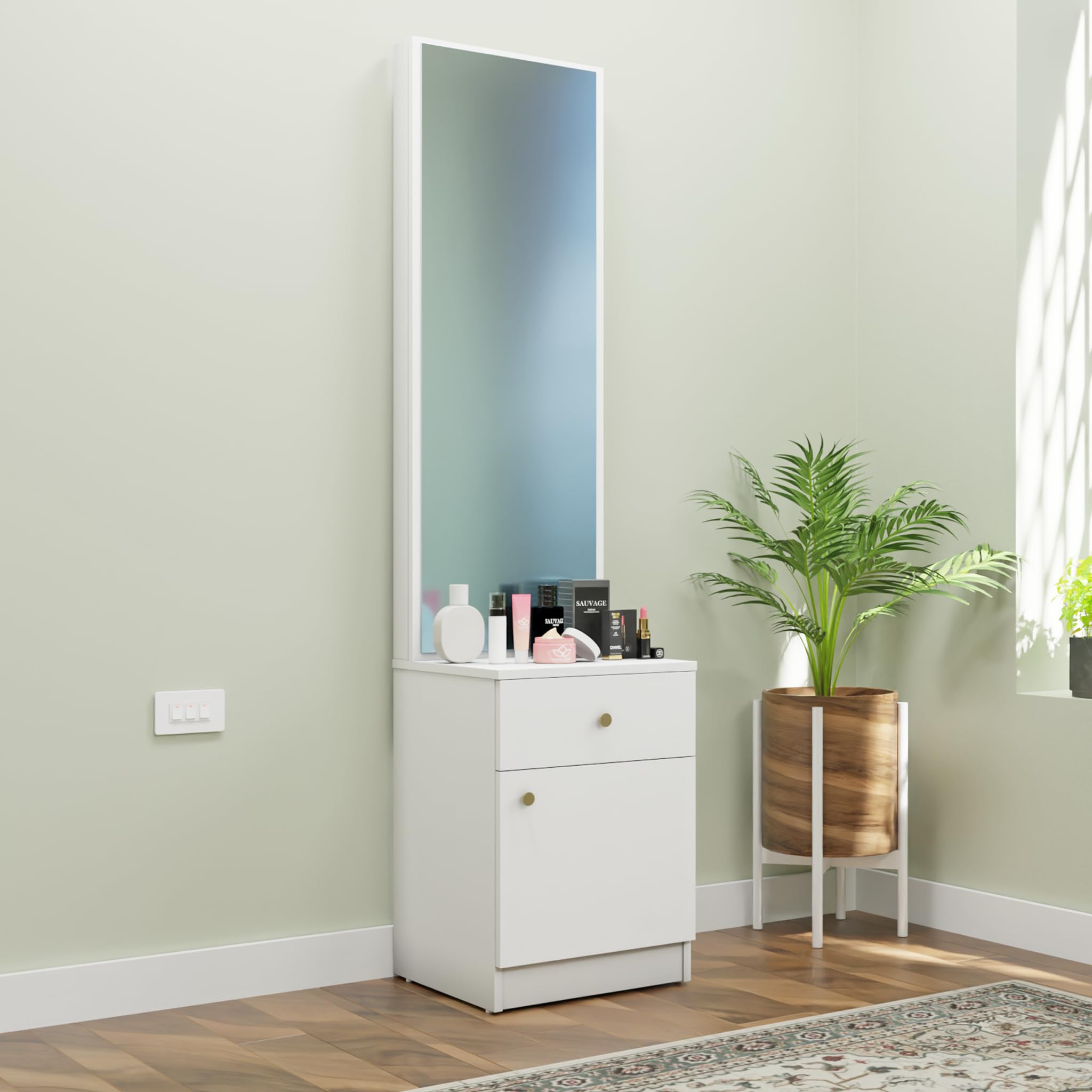 VIKI | Engineered Wood Dressing Table with 1 Drawer & 1 Door, Mirror and Huge Storage Space | Vanity for Living Room, Bedroom (Frosty White - 43.8W x 40D x 182.6H cms)-image-29