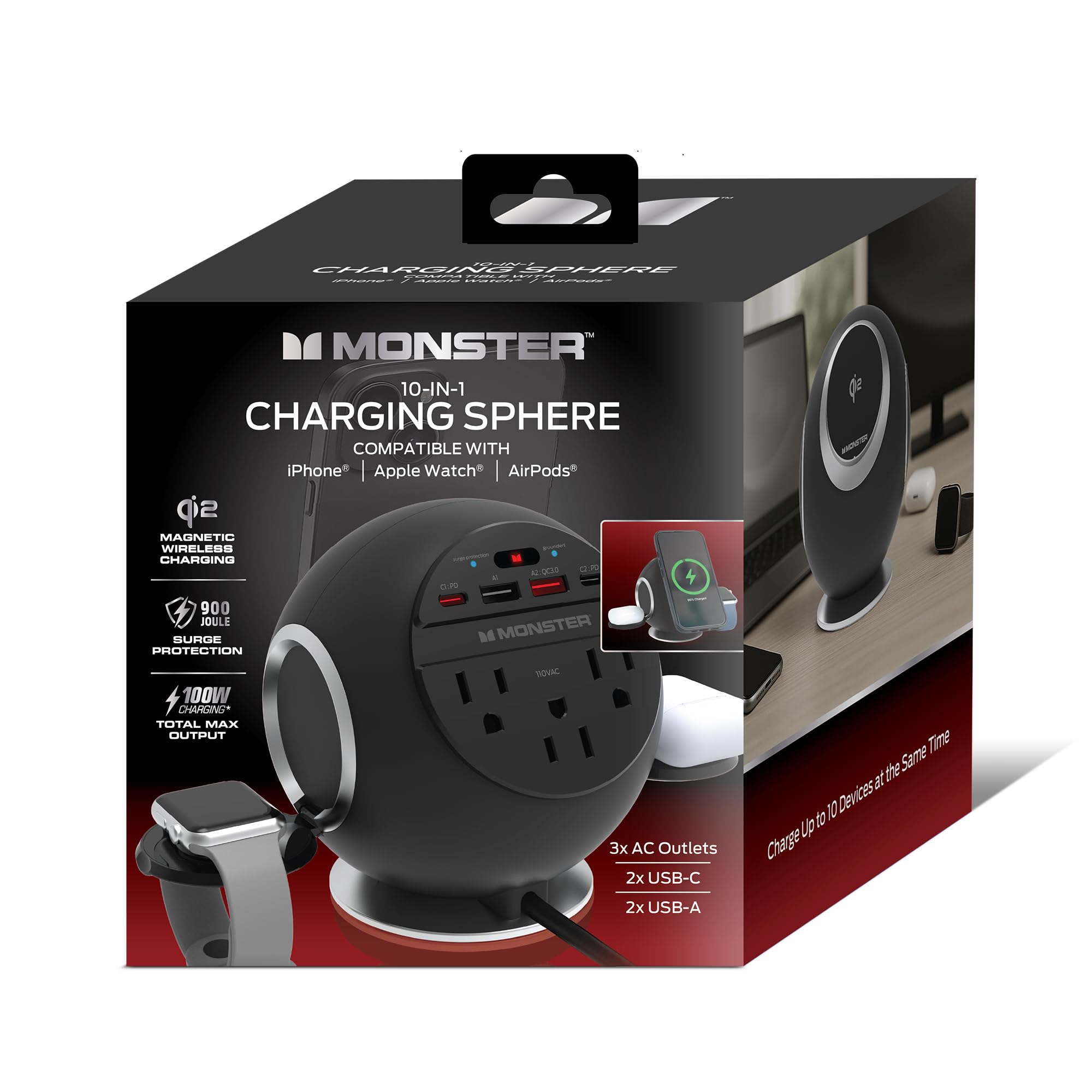 Monster Estación de carga 10 en 1, incluye 3 salidas de CA, 2 puertos USB-A, 2 puertos USB-C PD (65 W máximo), 3 cargadores inalámbricos compatibles con teléfonos compatibles con Qi (15 W), Apple