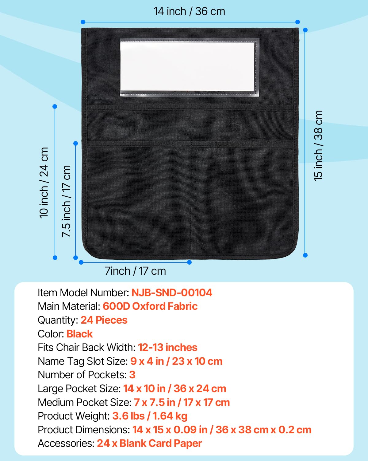 VEVOR Klassenzimmerstuhltasche, 24er-Pack, 36x38 cm, Rückenlehnentasche mit Namensschild, Stuhlrücken-Organizer für Kinder im Klassenzimmer, Kindergarten, in der Schule & zu Hause, Schwarz