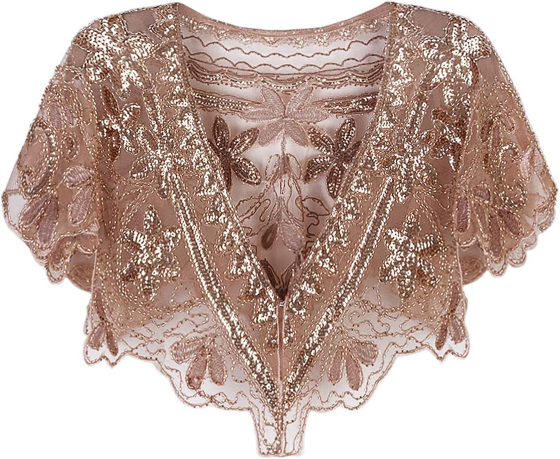 Vijiv Women's 1920s Shawl Wrap Art Deco Sequin Beaded Evening Cape Bolero Flapper Cover Up